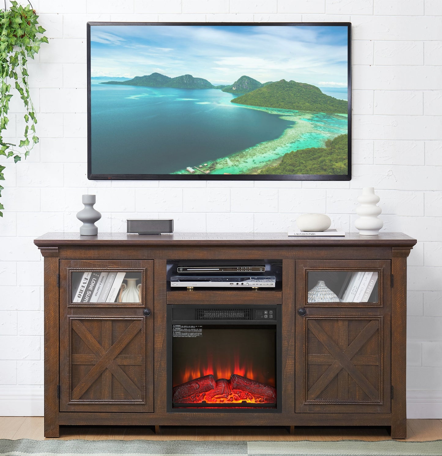 2 Doors Cabinet Farmhouse Cabinet, Farmhouse TV Stand Barn Design,Farmhouse TV Media Stand, Large Barn Inspired Home Entertainment Console with 18' fireplace insert,Espresso,60.23'W*15.35'D*31.7'H