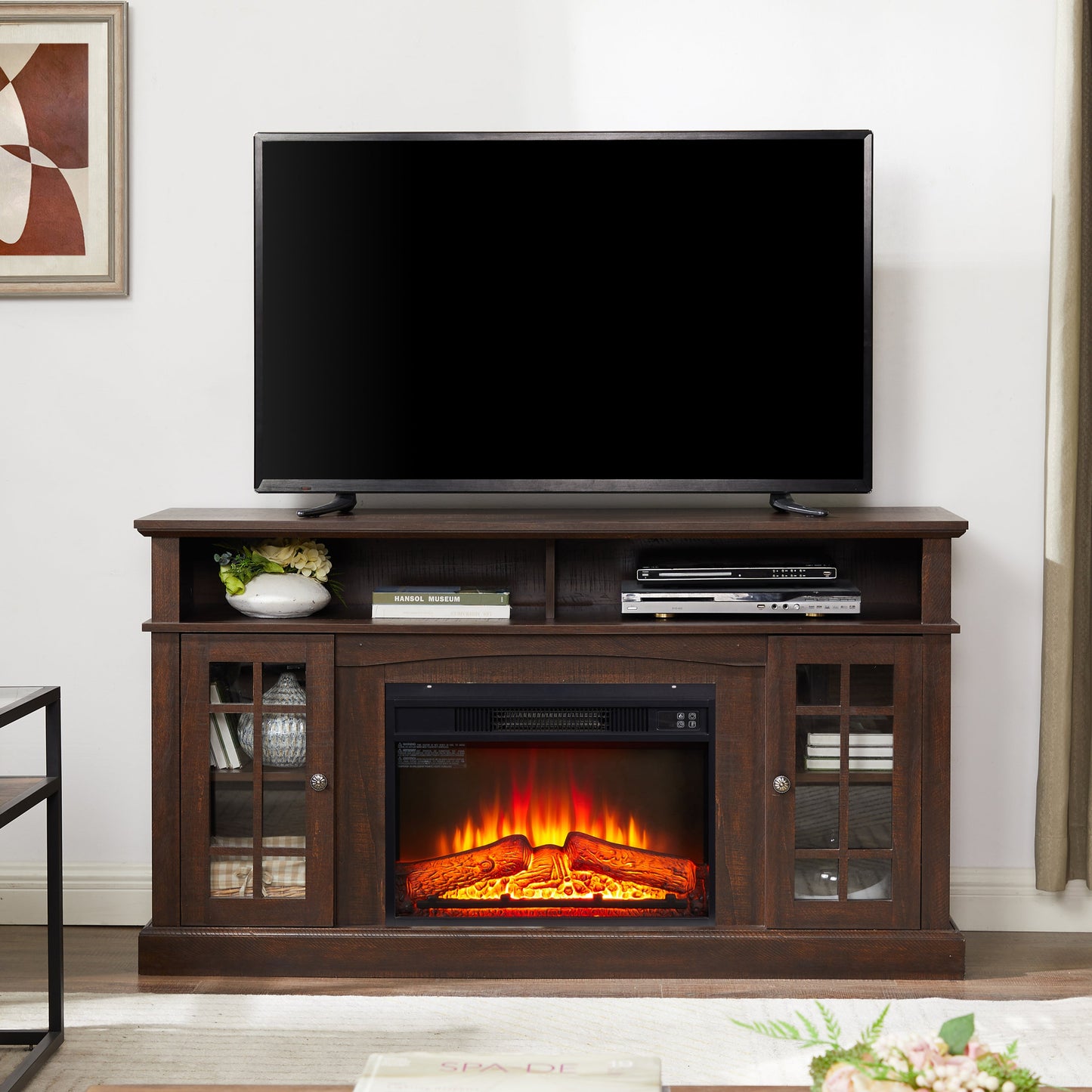 Classic TV Media Stand Modern Entertainment Console with 23' Fireplace Insert for TV Up to 65' with Open and Closed Storage Space, Espresso, 58.25'W*15.75'D*32'H