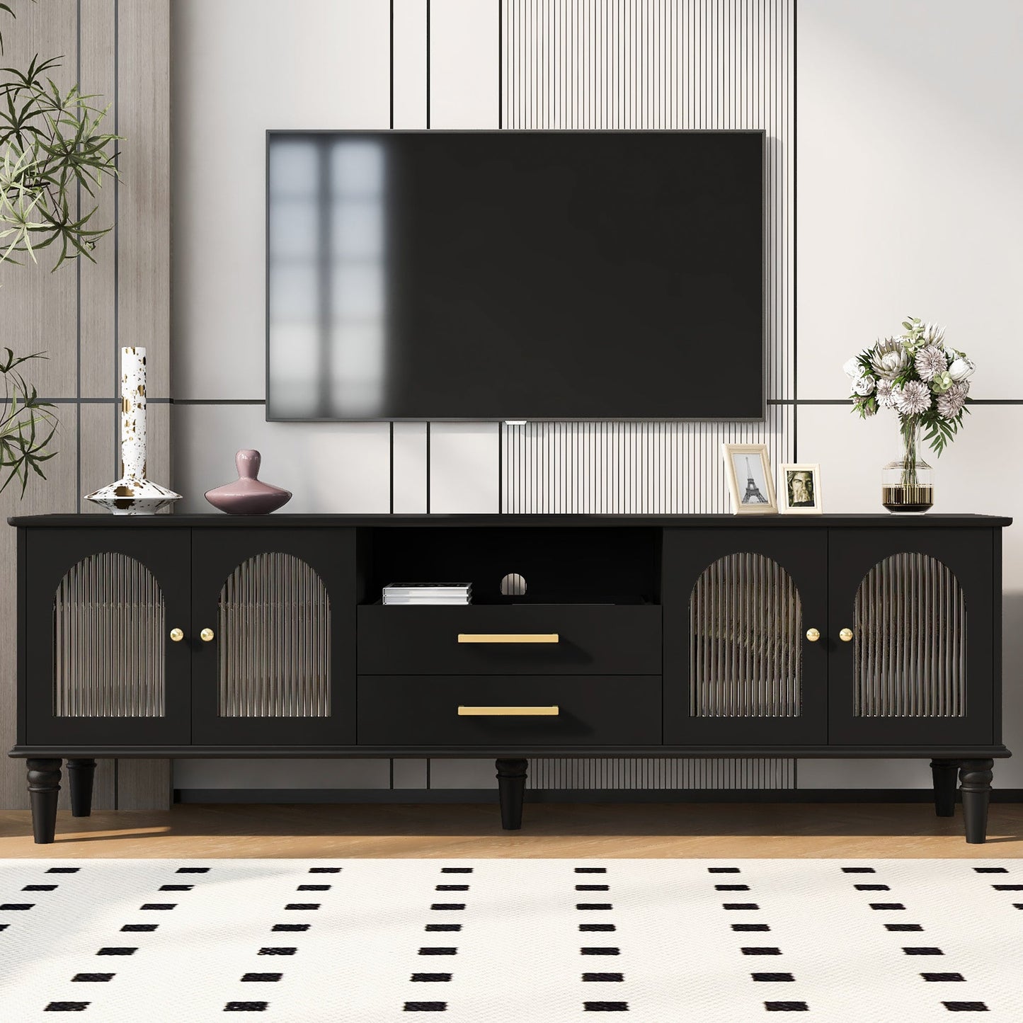 U-Can 68.9'' Retro TV Stand for TVs up to 75 Inches, Entertainment Center Media Console with Fluted Glass Doors and Five Solid Wood Legs for Living room(OLD SKU:N724P198468B)