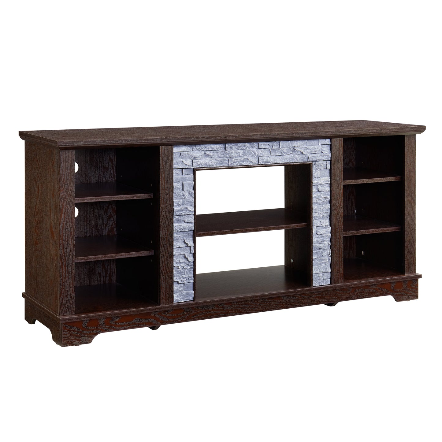 TV Media Stand with with Faux Stacked Stone Surround, Modern Entertainment Console with Open Storage Space, Cherry, 58.31'W*15.39'D*26.06'H