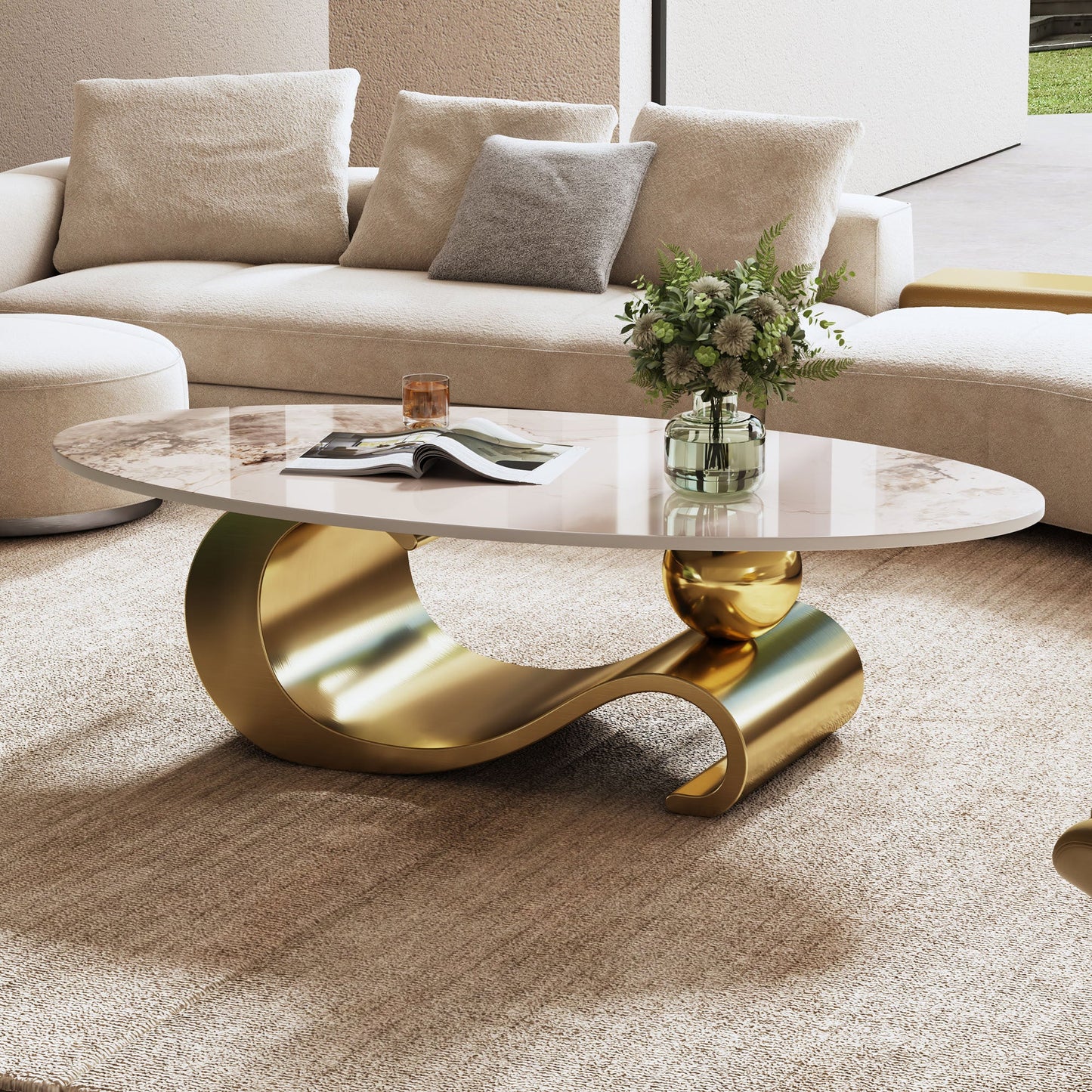 49.2' Faux Marble Oval Coffee Table, Contemporary Gold Stainless Steel Base, Modern Center Table for Living Room