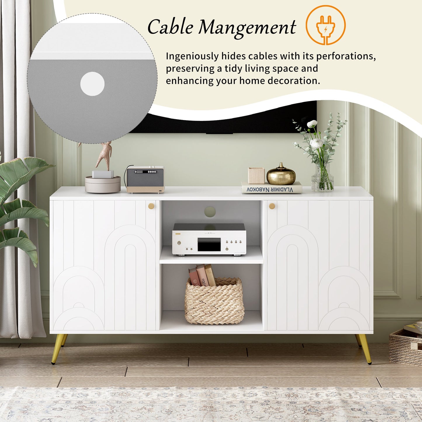 U-Can Modern TV Stand for TVs up to 55 Inches, Entertainment Center Media Console,Adjustable Shelf, Metal Legs, Handles and Anti-tip Device for Living room