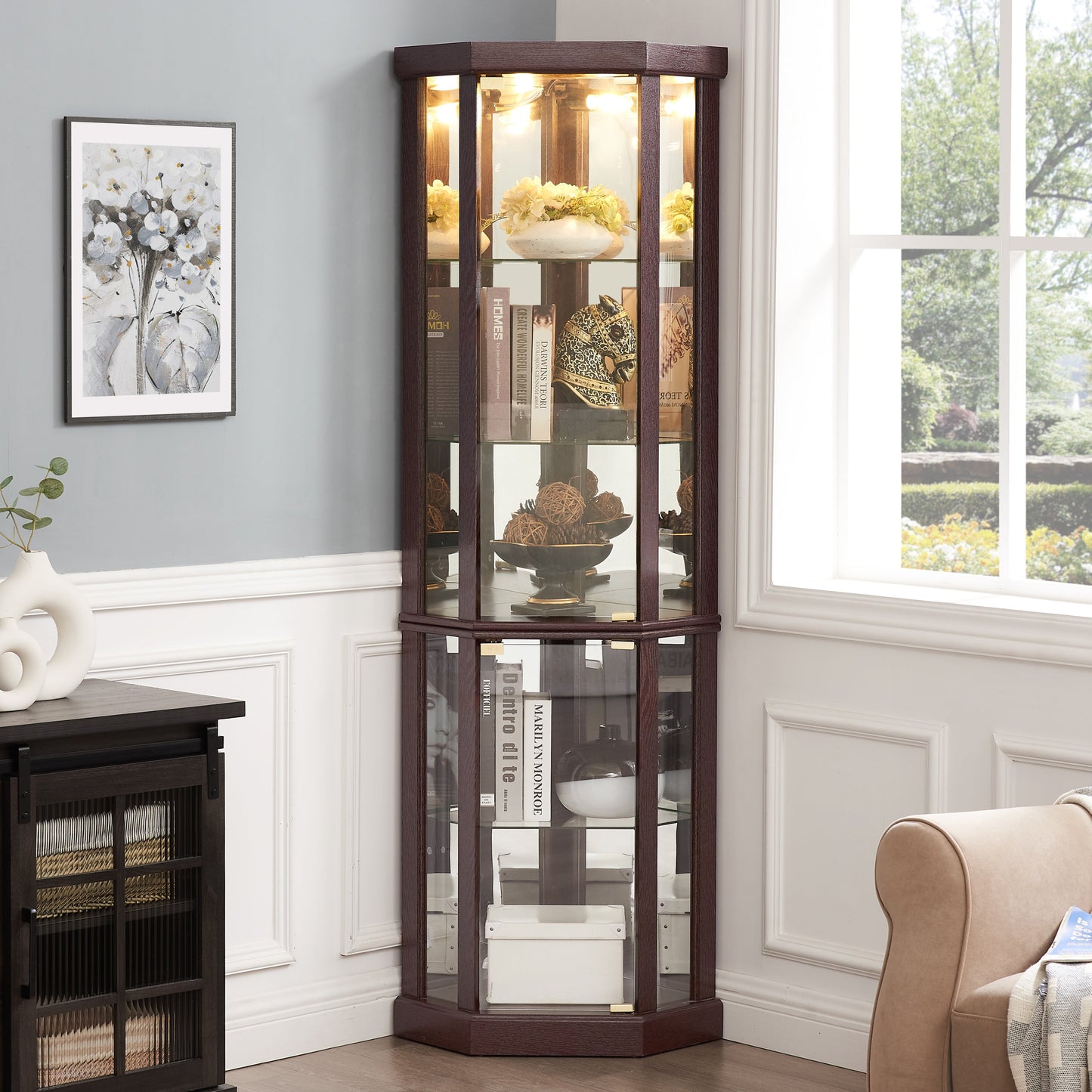 Lighted Corner Curio Cabinet - Elegant Glass Display Case for Living Room & Bar Storage - Perfect for Antique Collections & Wine - Includes Built-in Lighting - Dark Cherry