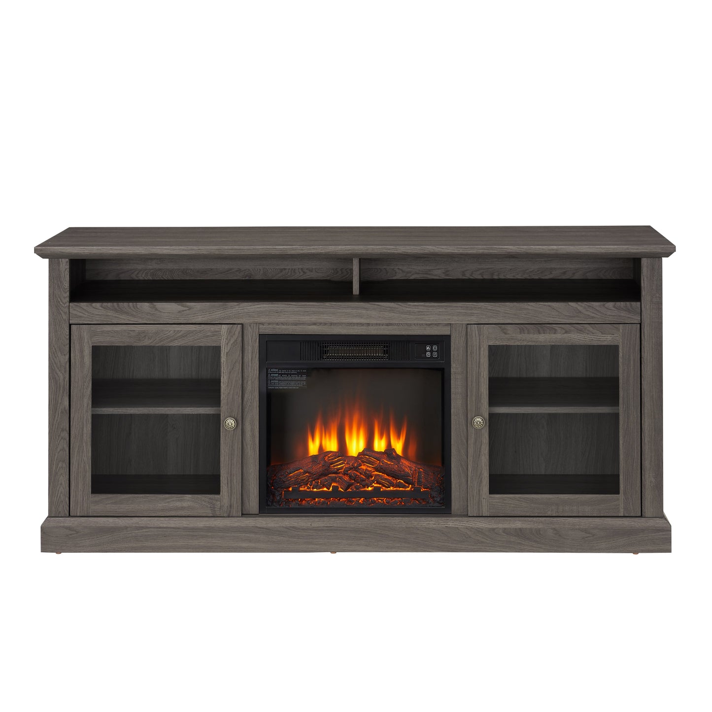 Retro TV Stand for 65'' TV, TV Console Cabinet with Storage, Open Shelves Entertainment Center with 18' Fireplace Insert for Living Room Dark Walnut 60'W*15.75'D*29'H
