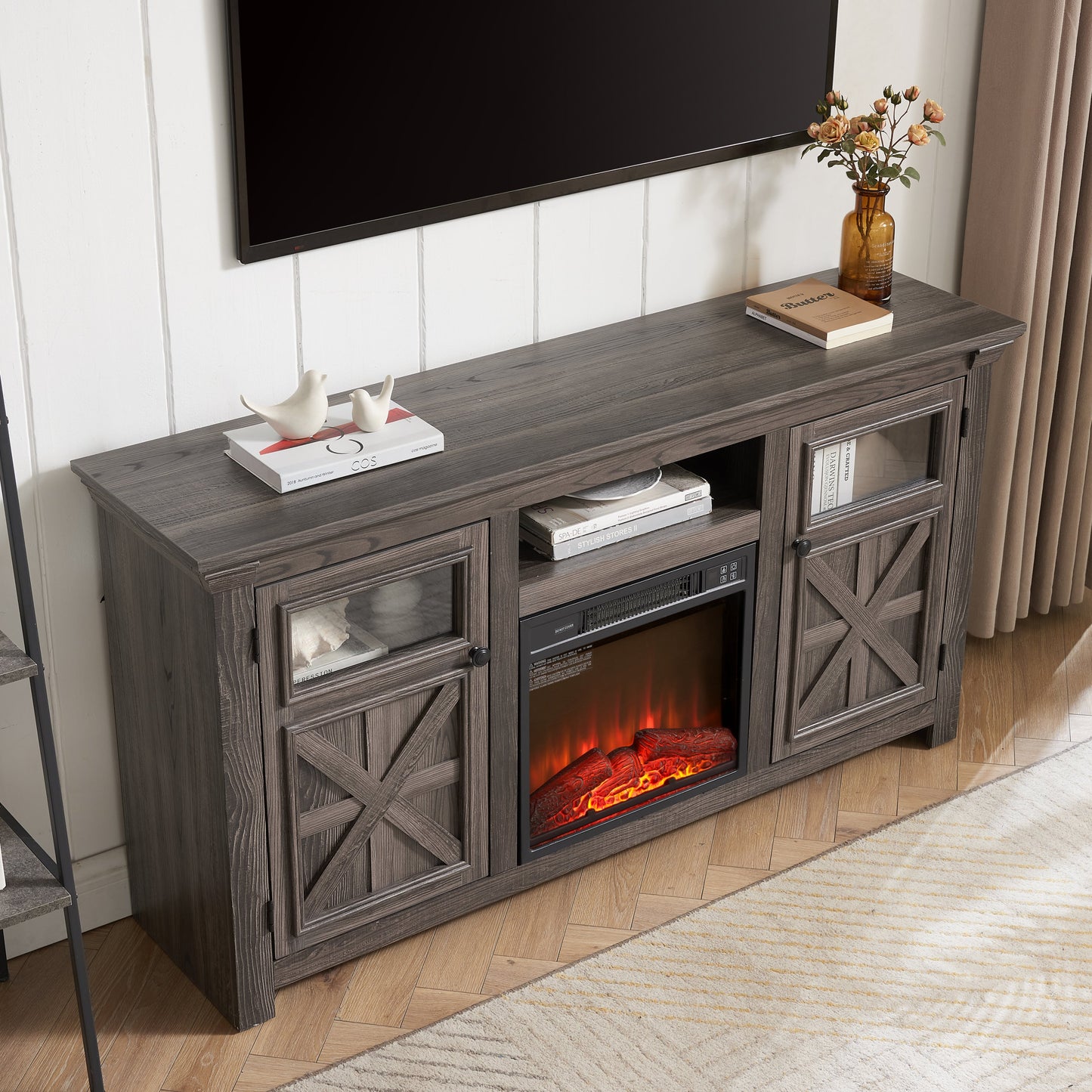 2 Doors Cabinet Farmhouse Cabinet, Farmhouse TV Stand Barn Design,Farmhouse TV Media Stand, Large Barn Inspired Home Entertainment Console with 18' fireplace insert,GREY, 60.23'W*15.35'D*31.7'H