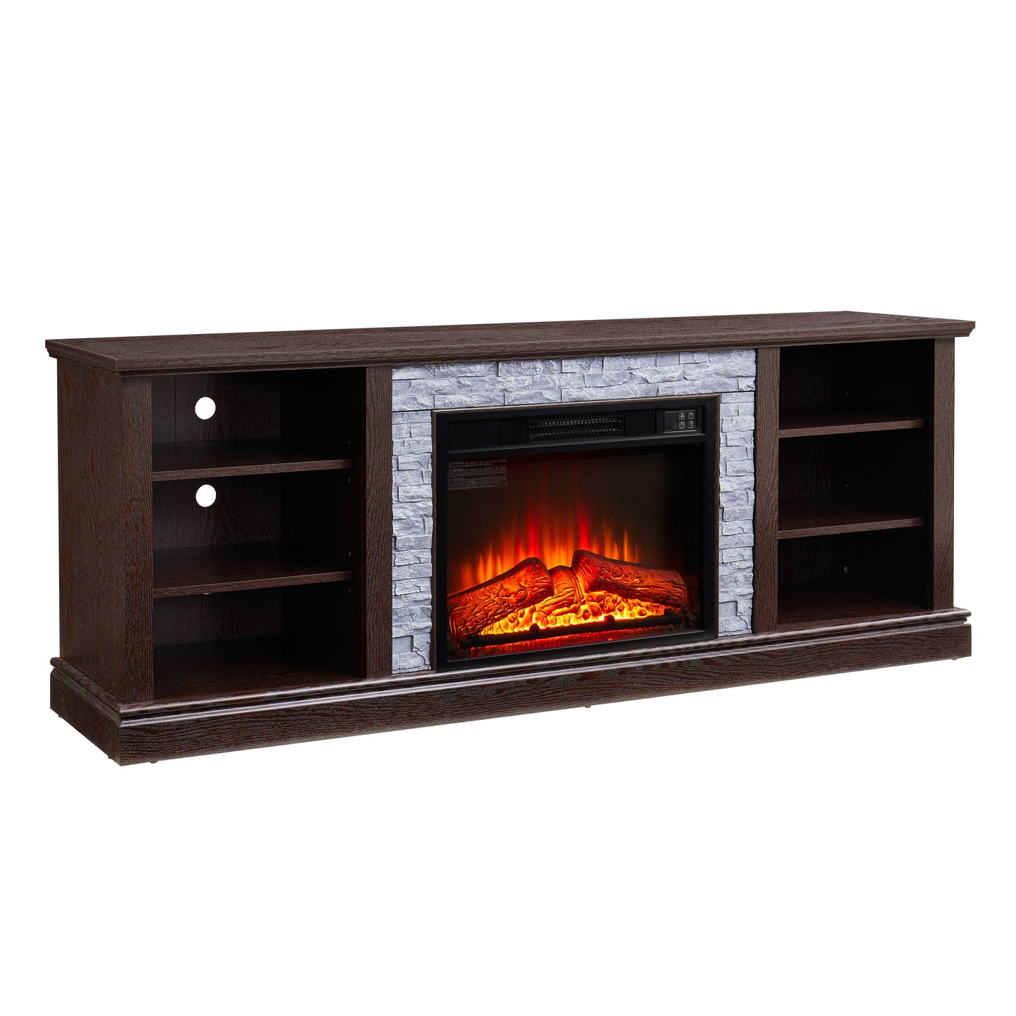 Large TV Desk Storage Rack with Faux Stacked Stone Surround,Media Console Table with Large Storage Cabinet,Modern TV Media Stand with 23' Fireplace Insert,Cherry, 70.12'W*15.35'D*25.83'H