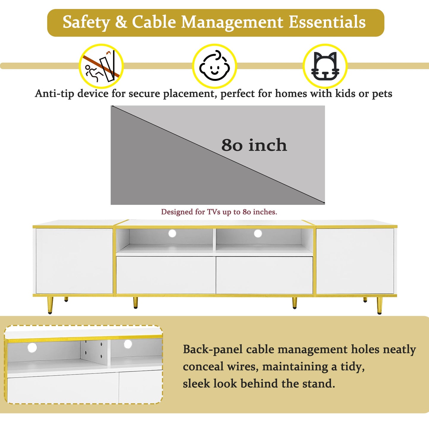 U-Can 70.9'' Modern TV Stand for TVs up to 80 Inches, Entertainment Center with 2 Shelves and LED Lights, TV Storage Cabinet with 2 Drawers, 2 Cabinets and Metal Legs for Living room