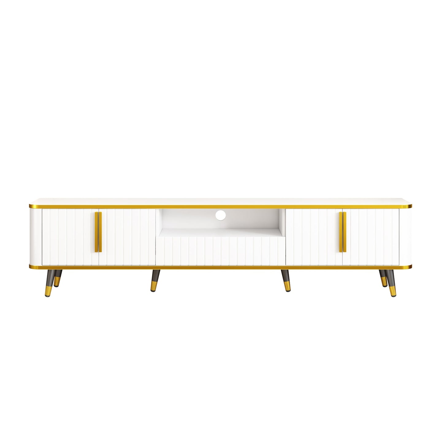 ON-TREND Luxury Minimalism TV Stand with Open Storage Shelf for TVs Up to 85', Entertainment Center with Cabinets and Drawers, Practical Media Console with Unique Legs for Living Room, White