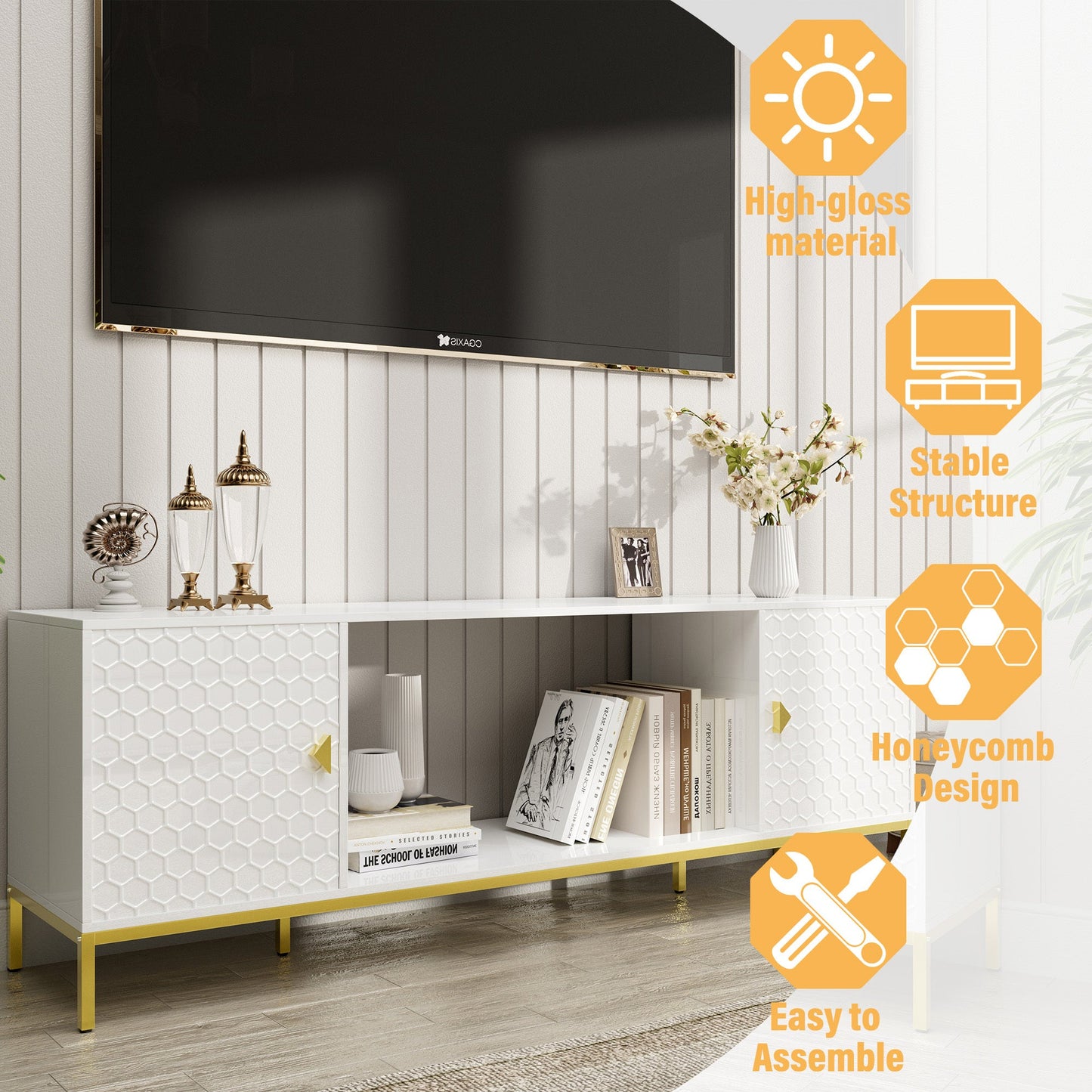 70 Inch TV Stand, Heavy Duty Wood Media Entertainment Center Console with Cabinet Storage & Open Shelves for Living Room, Modern Design (White)