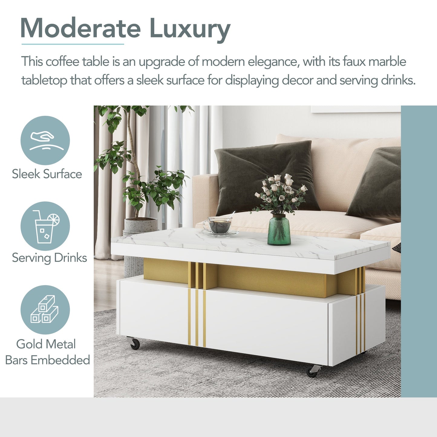ON-TREND Contemporary Coffee Table with Faux Marble Top, Rectangle Cocktail Table with Caster Wheels, Moderate Luxury Center Table with Gold Metal Bars for Living Room, White