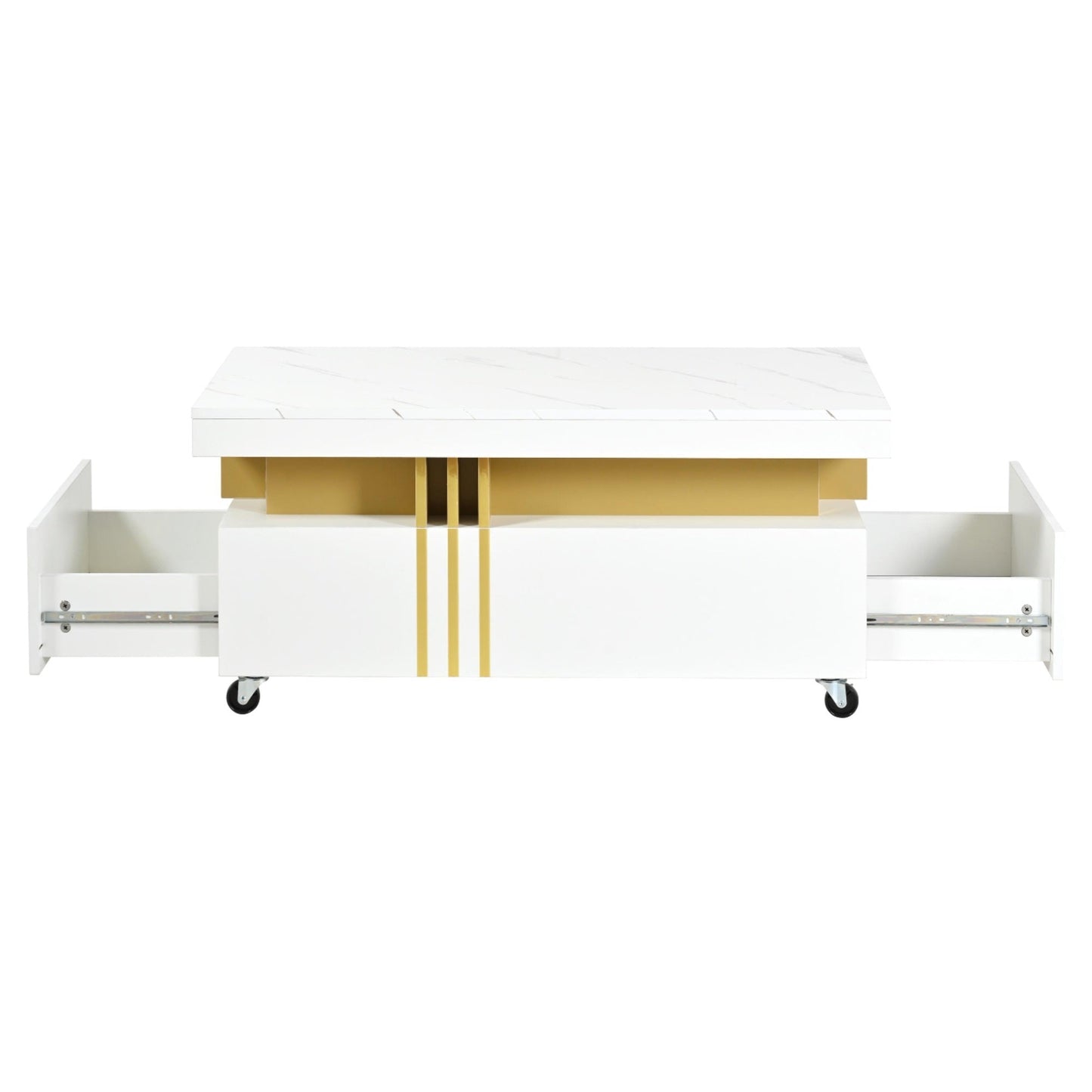 ON-TREND Contemporary Coffee Table with Faux Marble Top, Rectangle Cocktail Table with Caster Wheels, Moderate Luxury Center Table with Gold Metal Bars for Living Room, White