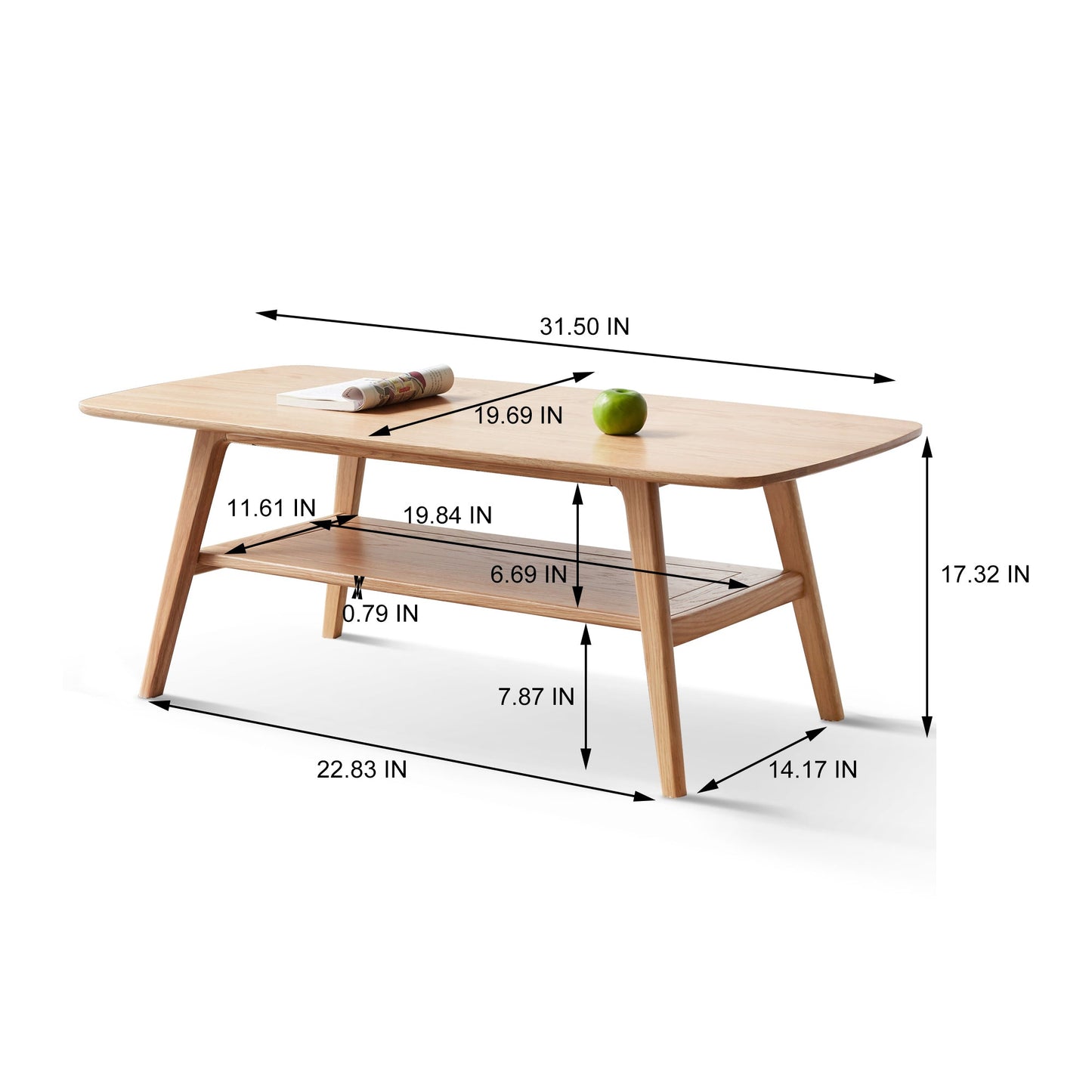 Natural Wood Center Table Low Table with Storage Shelf, Solid Wood Top, Easy to Assemble, 31.5''
