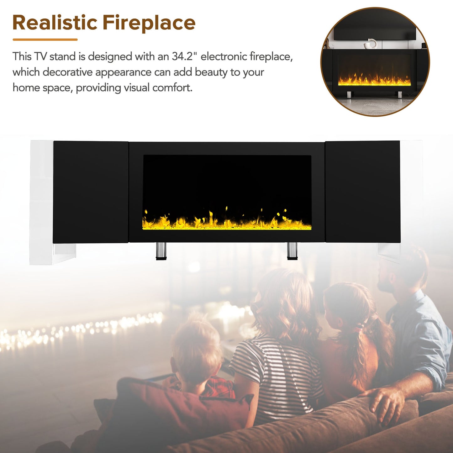 ON-TREND Modern TV Stand with 34.2' Non-heating Electric Fireplace, High Gloss Entertainment Center with 2 Cabinets, Media Console for TVs up to 78', Black