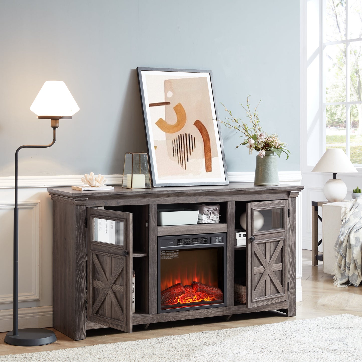 2 Doors Cabinet Farmhouse Cabinet, Farmhouse TV Stand Barn Design,Farmhouse TV Media Stand, Large Barn Inspired Home Entertainment Console with 18' fireplace insert,GREY, 60.23'W*15.35'D*31.7'H