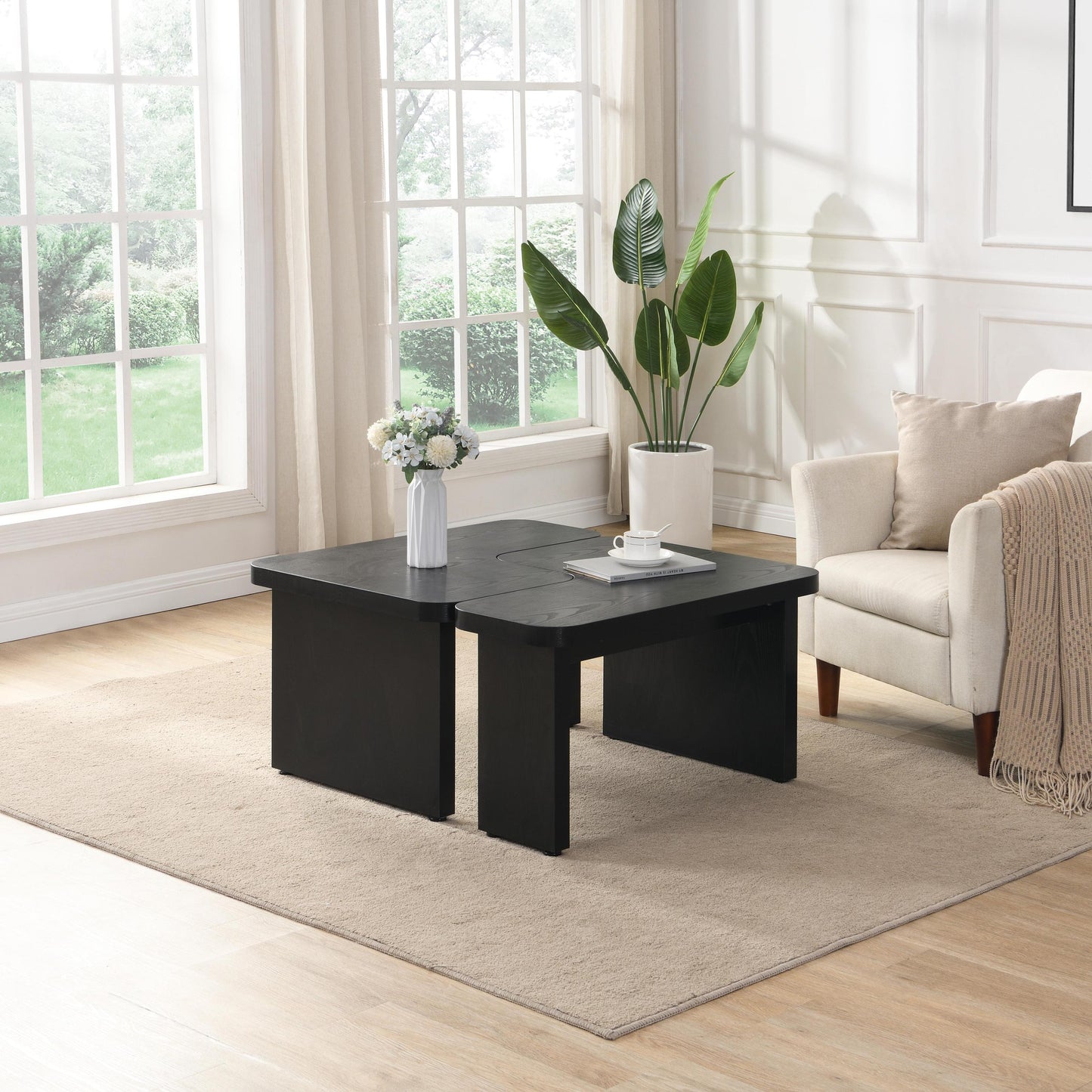 47.24*23.62 inch and 35.43*31.49 inch Rectangle Wood Detachable Coffee Table, Single L Shape Farmhouse Coffee Table for Dining Room, Garden, black