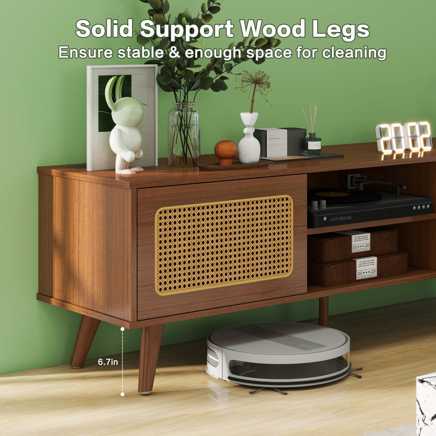 Mid Century Modern Rattan TV Stand for 55/60/65 inch TV , Entertainment Cabinet, Media Console for Living Room Bedroom Media Room, Solid Wood Feet & Rattan Cabinet Doors (Walnut, 59')