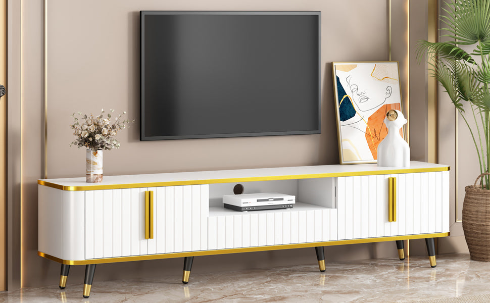 ON-TREND Luxury Minimalism TV Stand with Open Storage Shelf for TVs Up to 85', Entertainment Center with Cabinets and Drawers, Practical Media Console with Unique Legs for Living Room, White