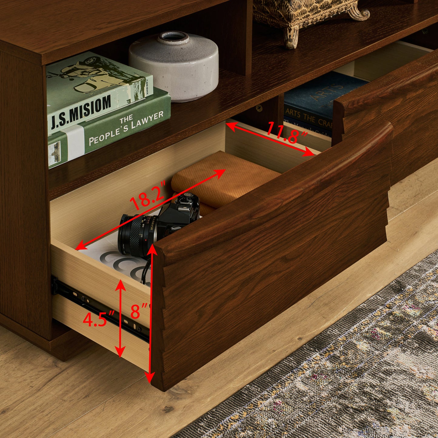 63' Mid-Century Modern TV Stand for TVs up to 75', Thick Sturdy Farmhouse Entertainment Cabinet, Media Console for Living Room, Louver Design & Solid Wood Drawers & Outlet Holes, Walnut