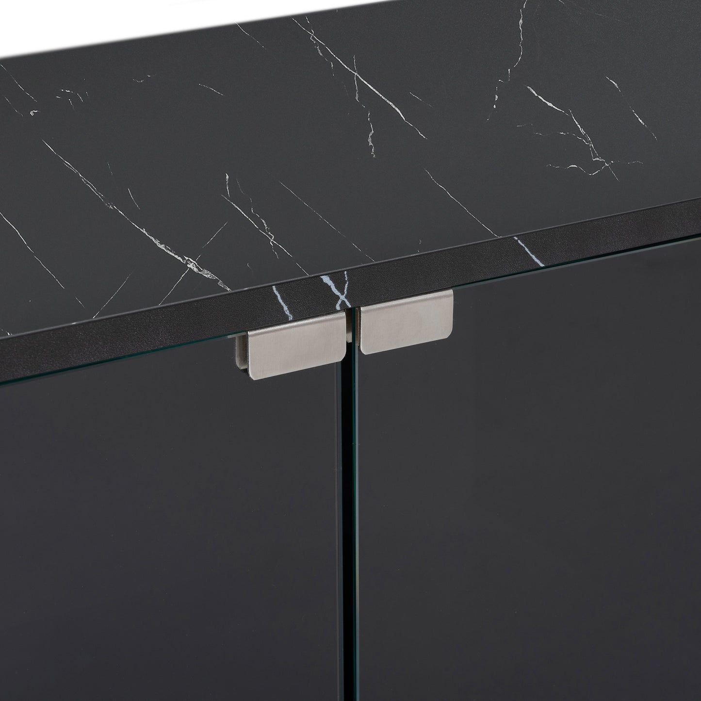 ON-TREND Modern APP Controlled LED TV Stand for TVs Up to 105'', Faux Marble Tabletop Media Console with Tempered Glass Doors, Entertainment Center with 2 Drawers & Cabinets for Living Room, Black