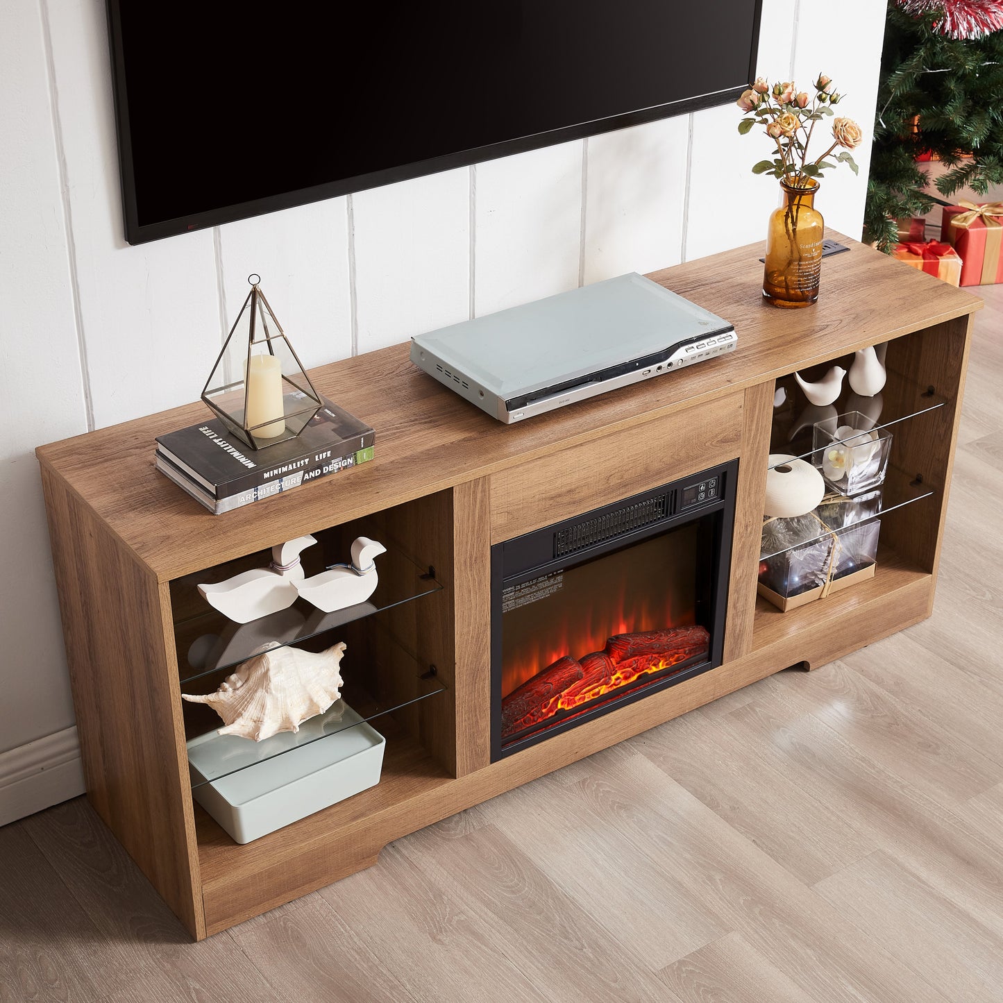 TV Stand Electric Fireplace TV Stand with Glass Shelves, 3D Fireplace TV Stand with LED Lights Wood with USB Charging Outlet Modern Television Table Center for TV up to 32-62' OAK 58'W*15.4''D*24.4