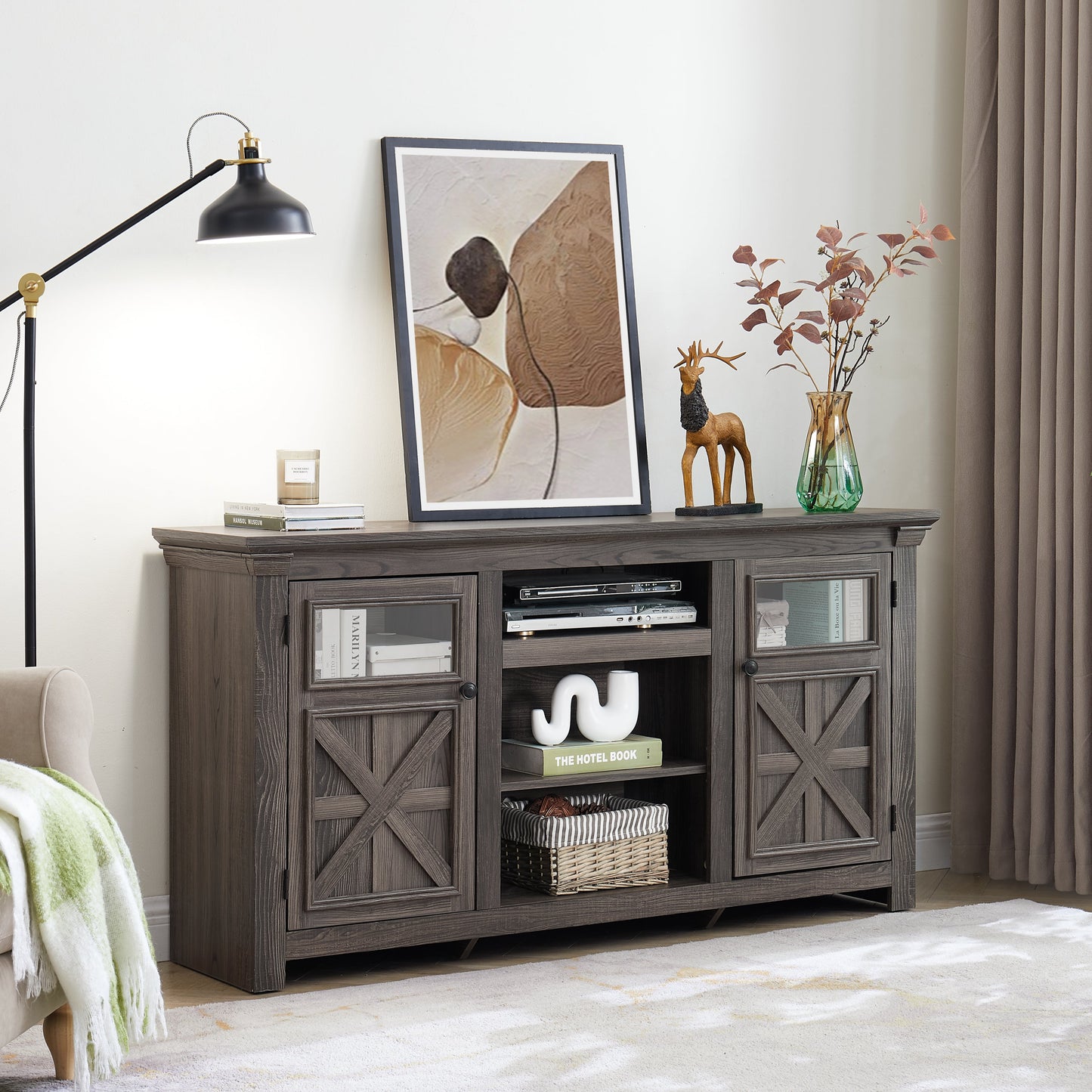 2 Doors Cabinet Farmhouse Cabinet, Farmhouse TV Stand Barn Design,Modern Farmhouse TV Media Stand, Large Barn Inspired Home Entertainment Console,GREY, 60.23'W*15.35'D*31.7'H