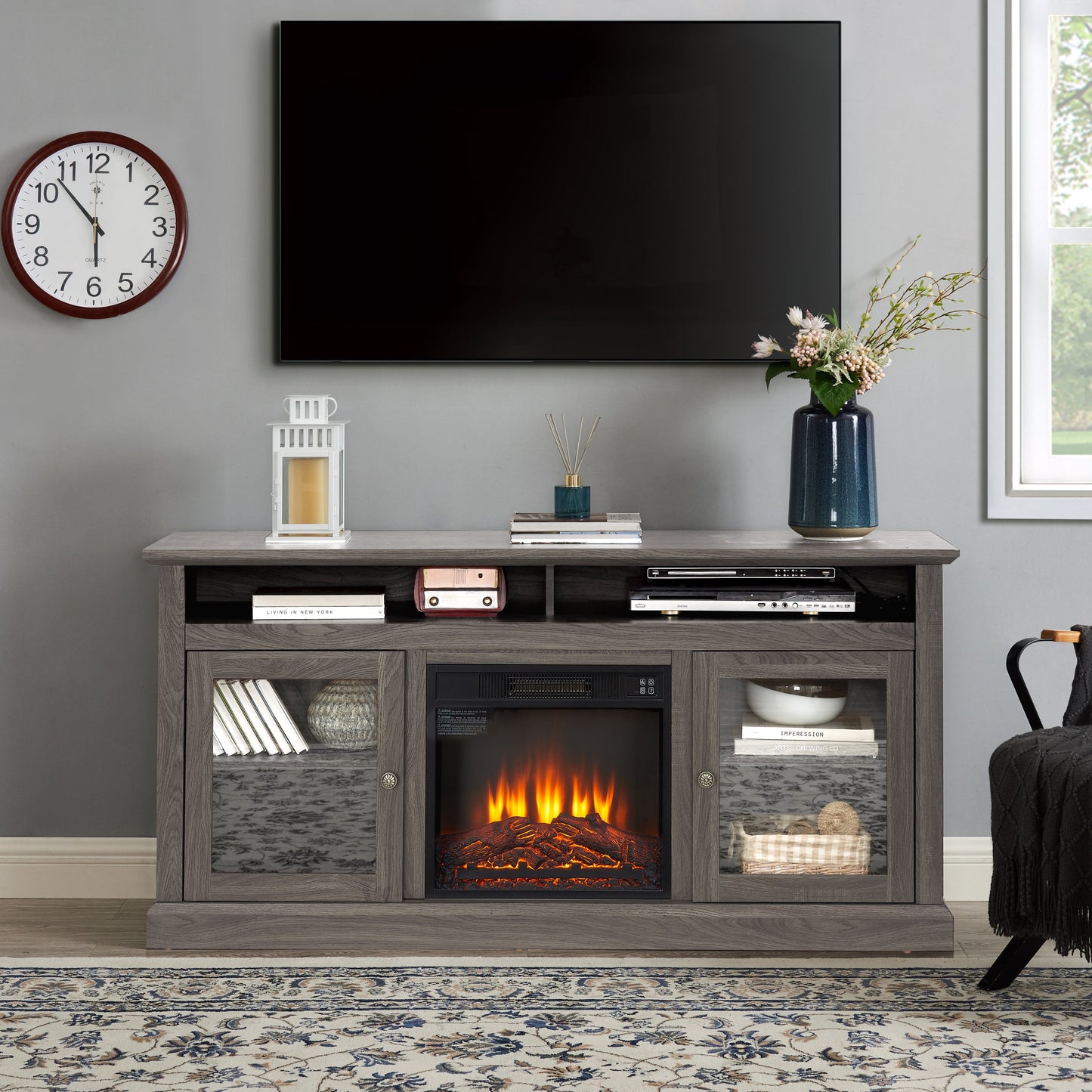 Retro TV Stand for 65'' TV, TV Console Cabinet with Storage, Open Shelves Entertainment Center with 18' Fireplace Insert for Living Room Dark Walnut 60'W*15.75'D*29'H
