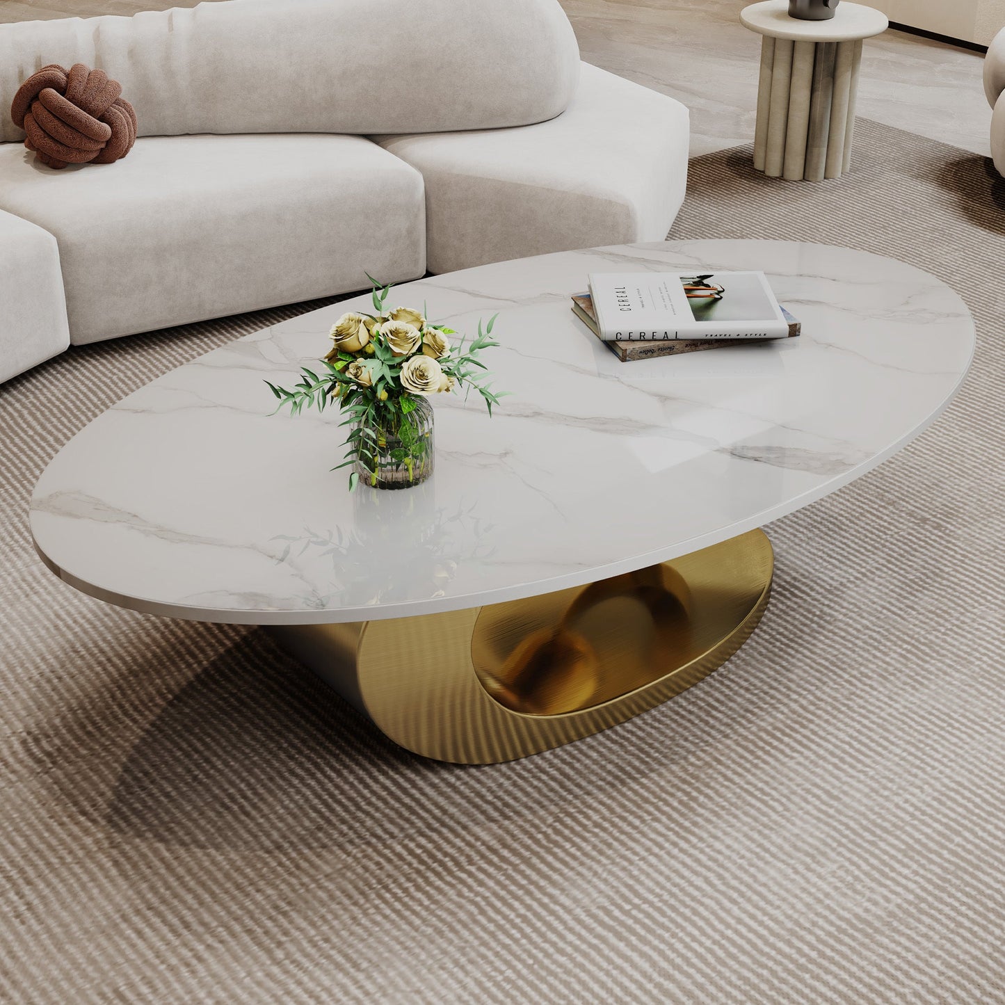 Marble Coffee Table with Sculptural Stainless Steel Base