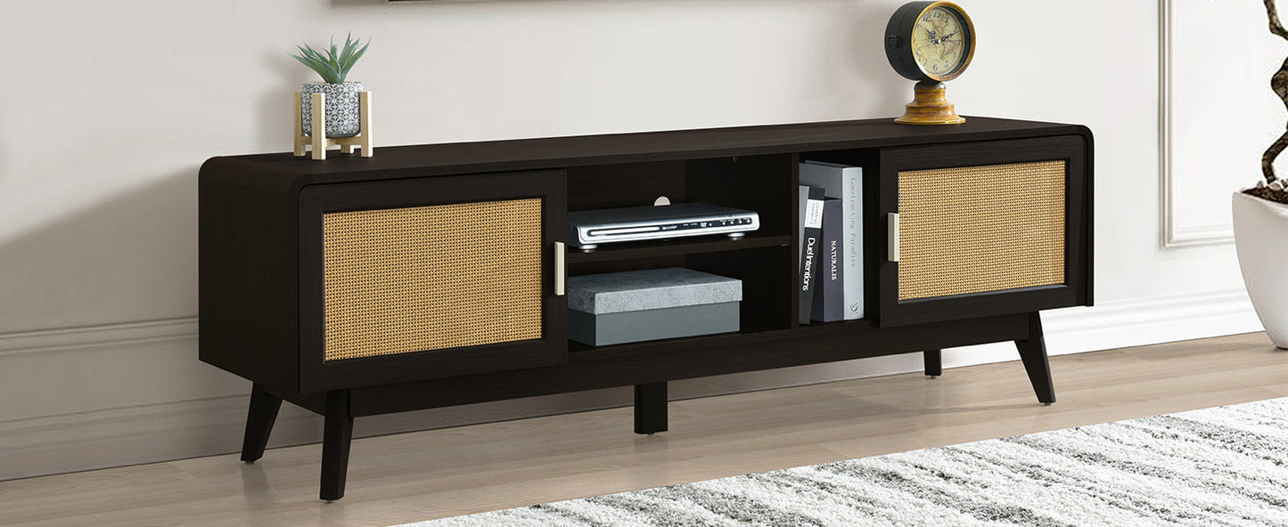 63'' Dark Rattan TV Stand with 2 Storage Cabinets for 65 Inch TV, Entertainment Center with Solid Wood Legs, Media Console Table for Living Room, Bedroom