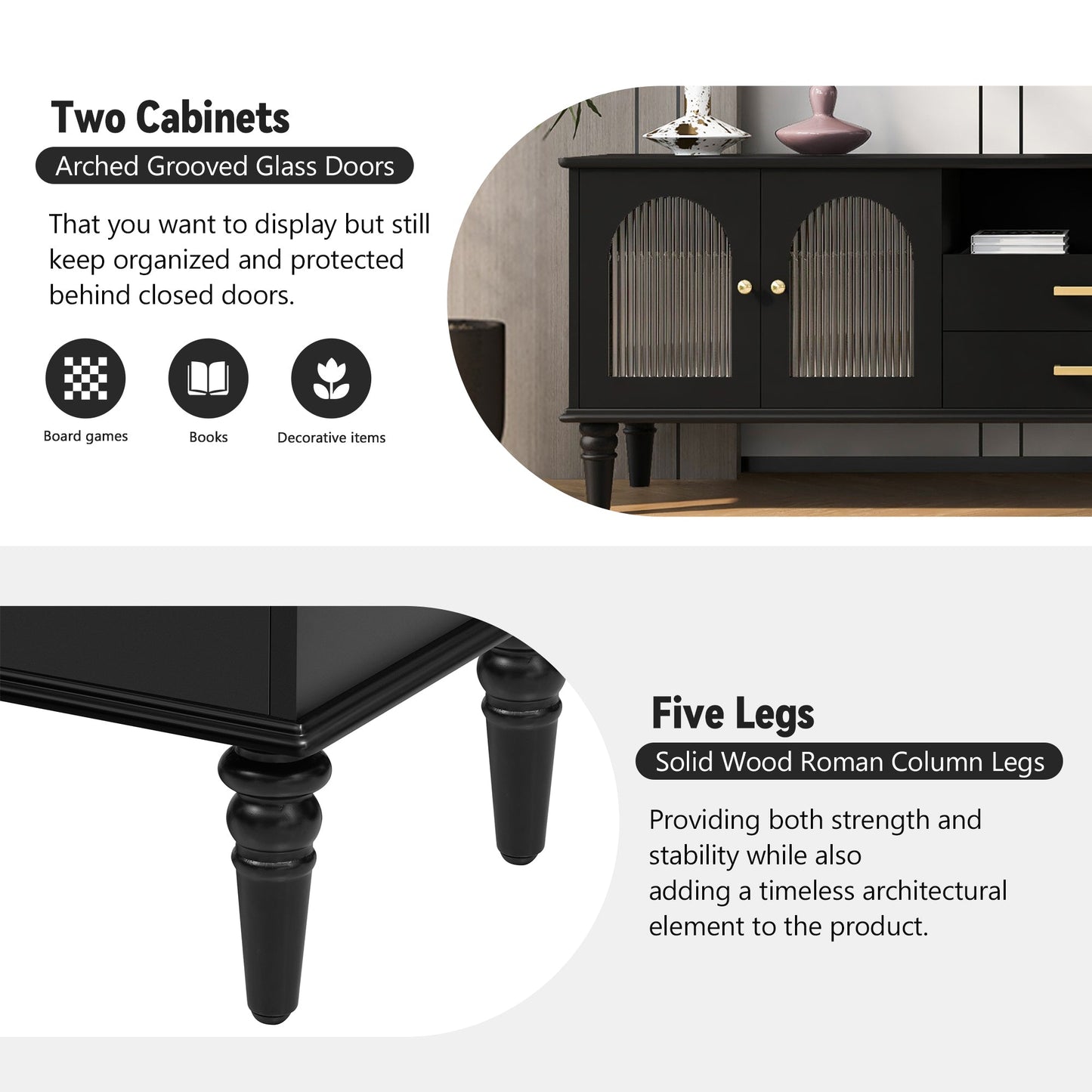 U-Can 68.9'' Retro TV Stand for TVs up to 75 Inches, Entertainment Center Media Console with Fluted Glass Doors and Five Solid Wood Legs for Living room(OLD SKU:N724P198468B)
