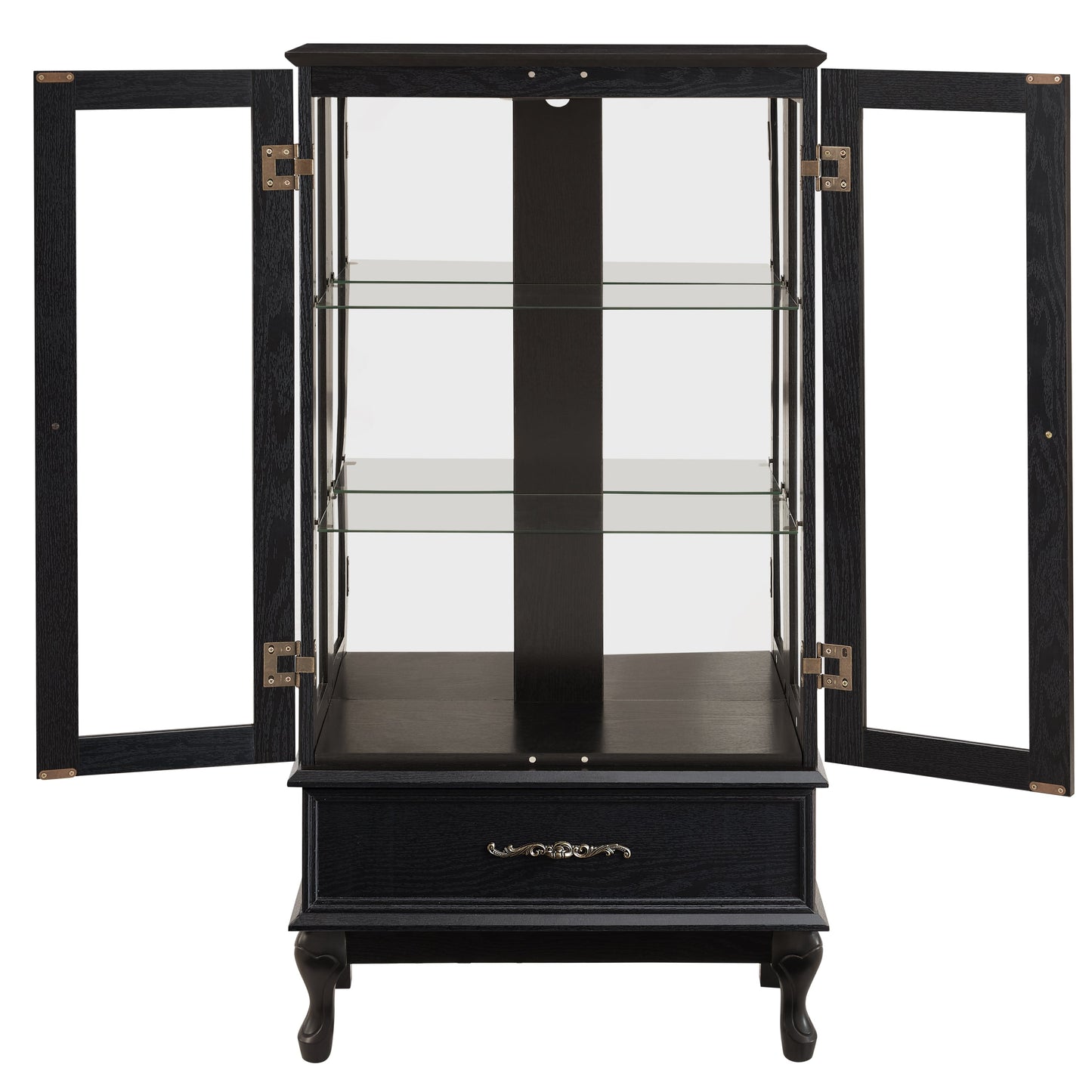 Lighted Curio Cabinet with Glass Doors and Adjustable Shelves 2 Door Wine Cabinet Display Curio Cabinet with LED Lights Light Black Finish and Drawer for Home Decor and Storage