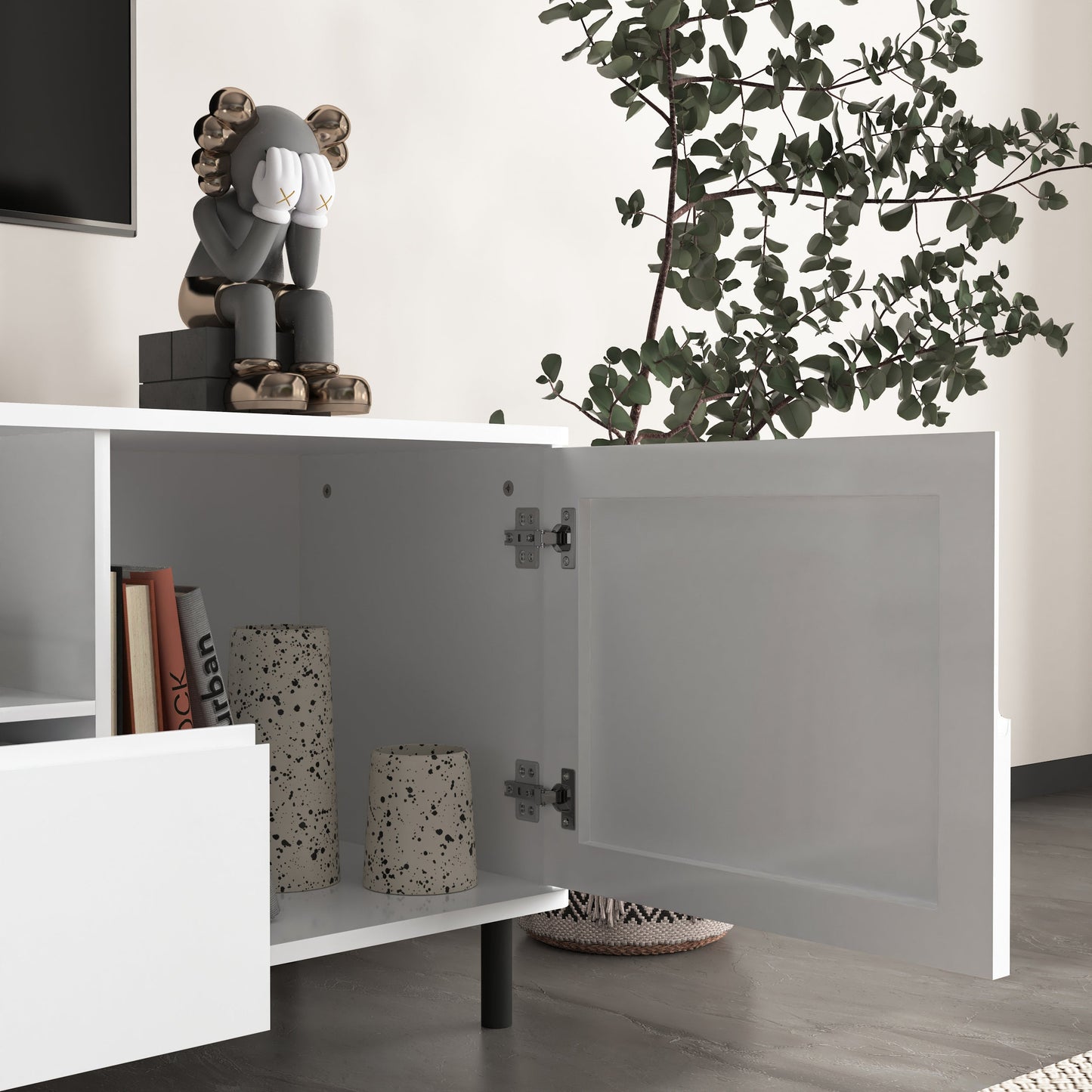 High Gloss Panel Modern TV Console, TV Stand, Entertainment Center with Storage Shelves,TV Cabinet for Living Room, Bedroom, Cloud White 63x15.74x19.68 inch