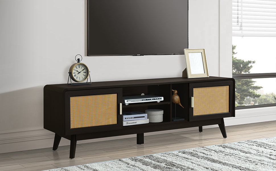 63'' Dark Rattan TV Stand with 2 Storage Cabinets for 65 Inch TV, Entertainment Center with Solid Wood Legs, Media Console Table for Living Room, Bedroom