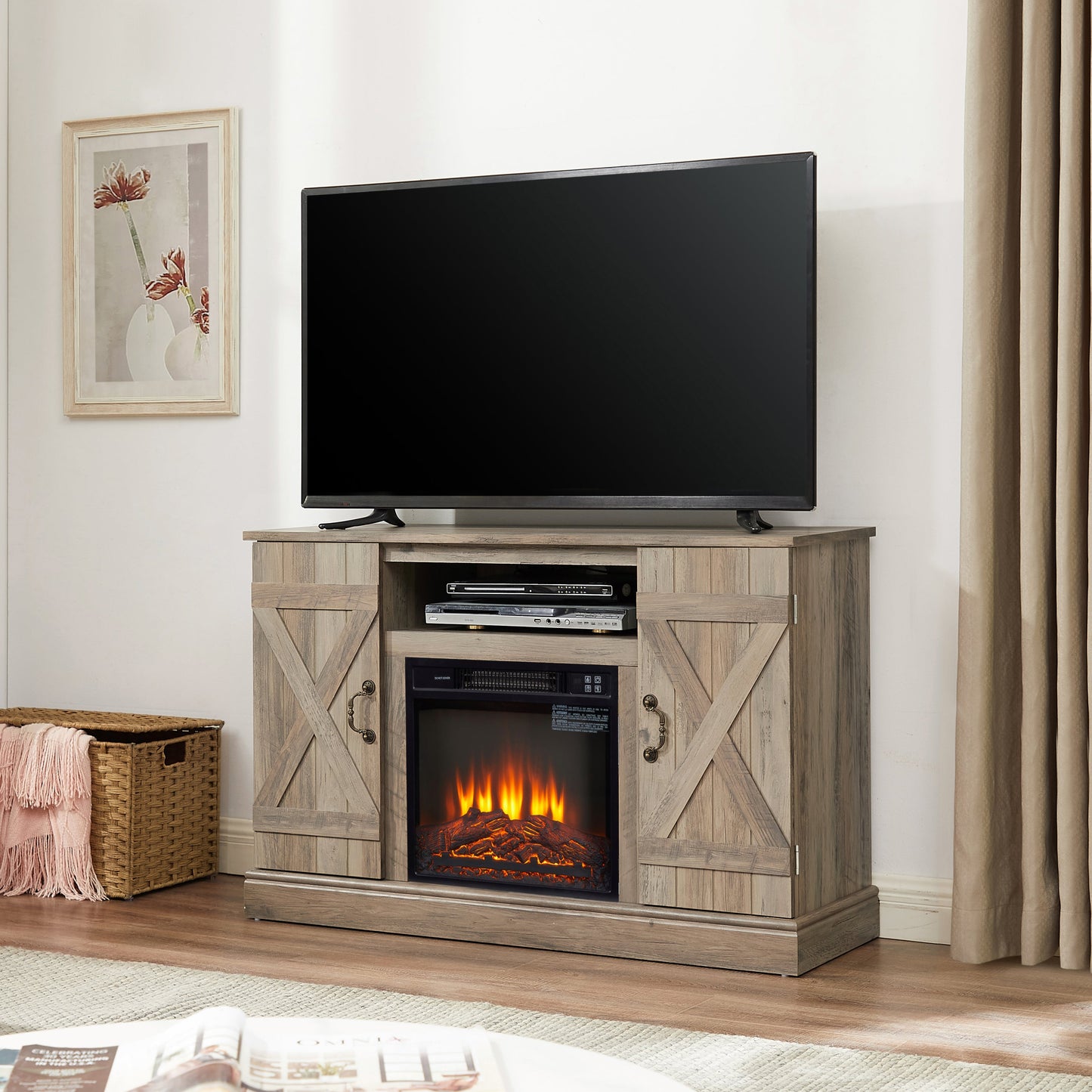 American retro Farmhouse Classic Media TV Stand Antique Entertainment Console with 18' Electric Fireplace Insert for TV up to 50' with Open and Closed Storage Space, Gray Wash 47'W*15.5'D*30.75'H