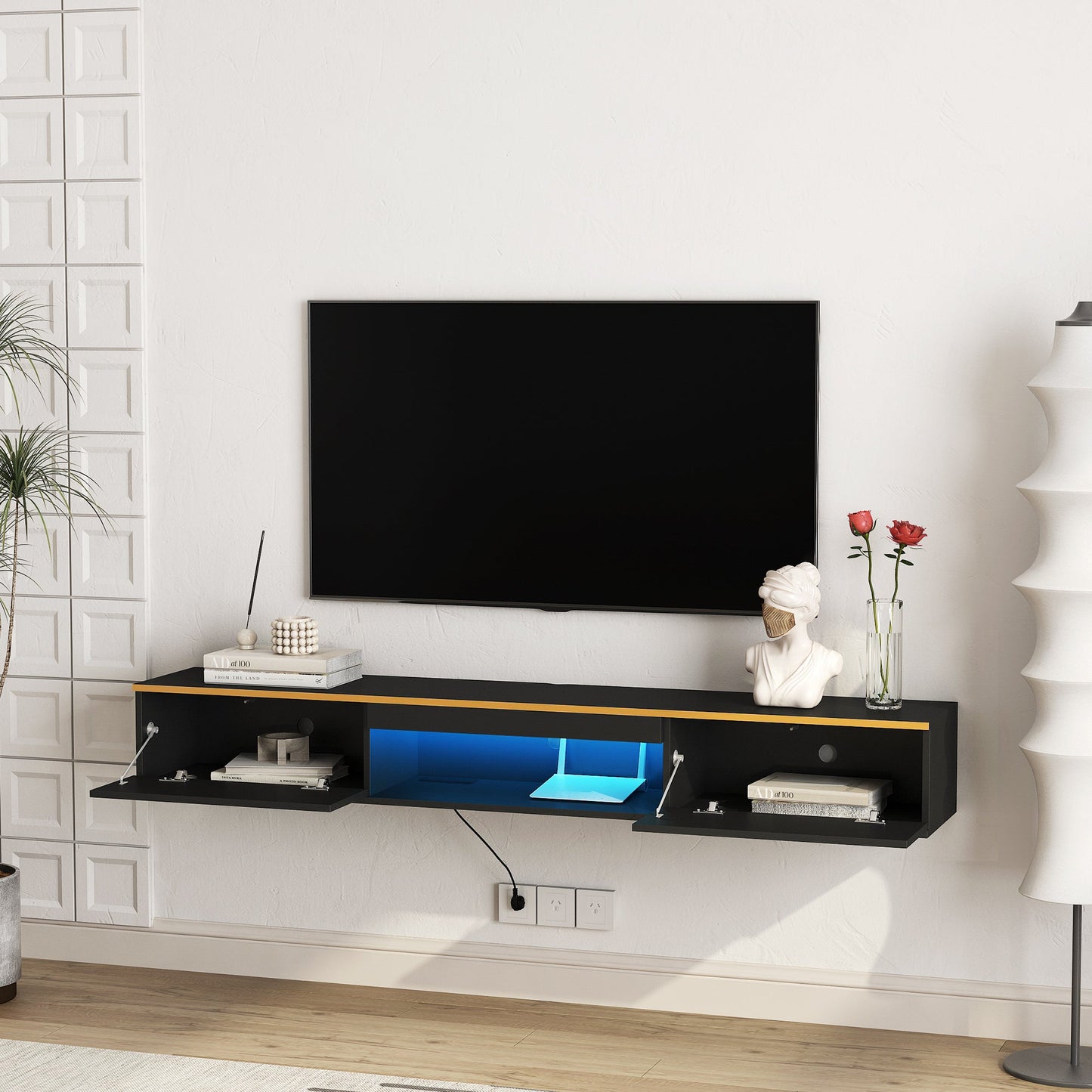 Floating TV Stand Wall Mounted with 16 Color LEDs,69' Modern TV Stand, Floating TV Cabinet Entertainment Center for 55 60 65 Inch TV,Black