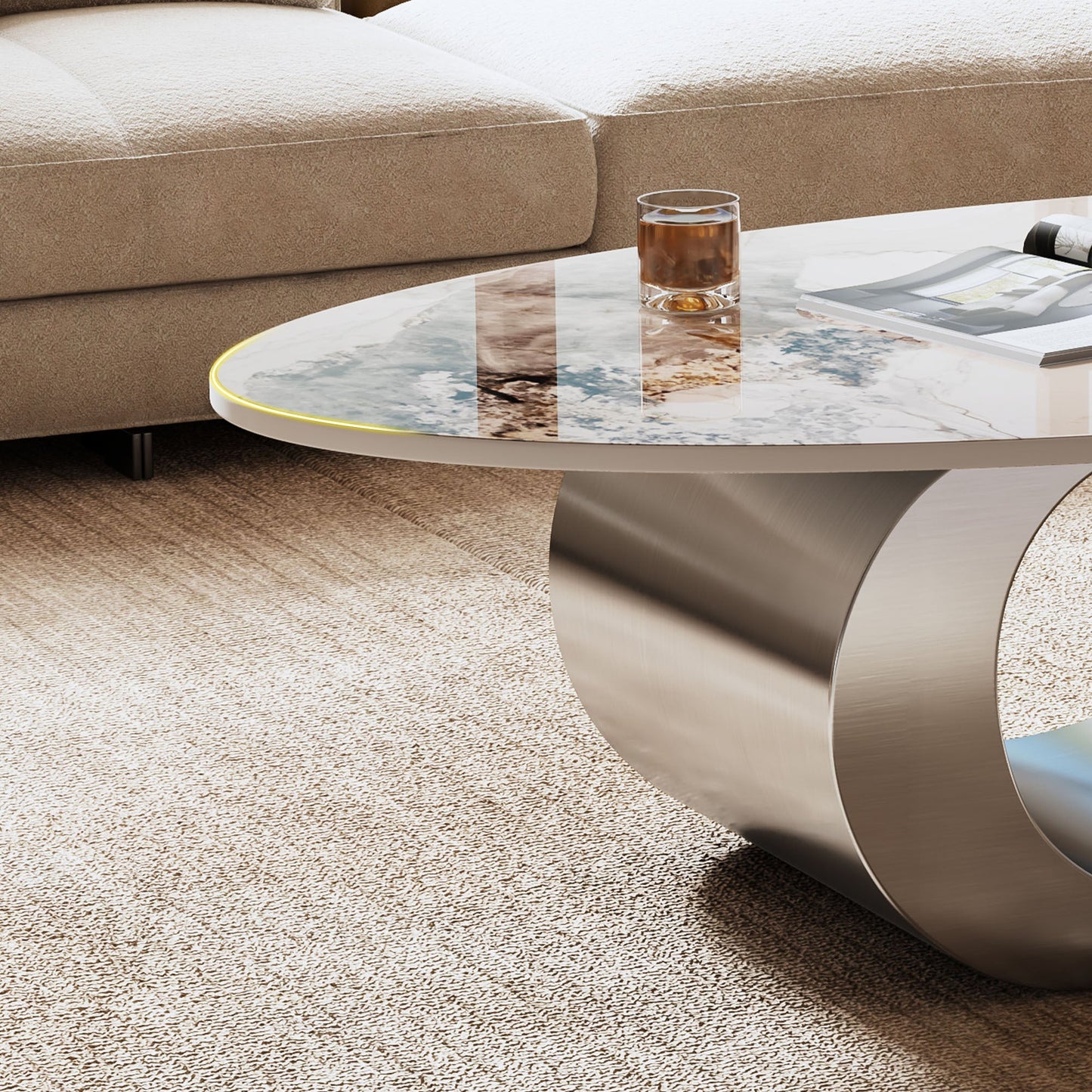 49.2' Faux Marble Oval Coffee Table, Contemporary Gray Stainless Steel Base, Modern Center Table for Living Room