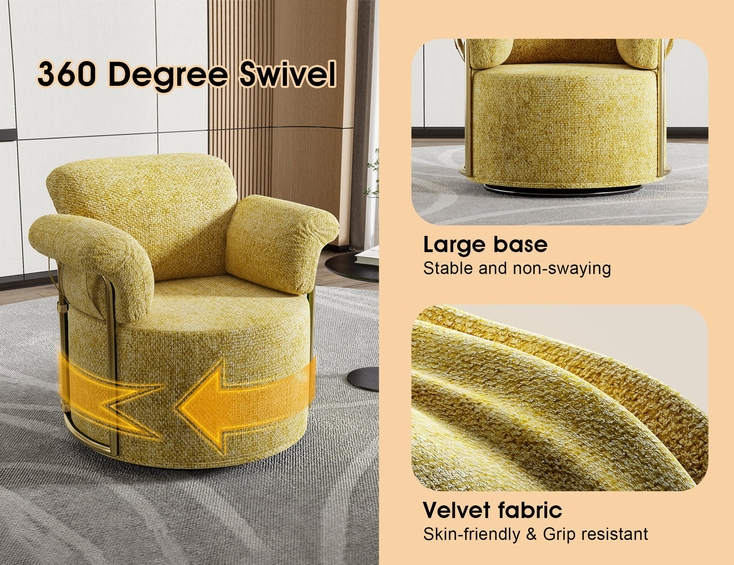 360 Degree Barrel Swivel Accent Sofa Chair,Fluffy Fabric Lounge Wide Upholstered Reading Chair with Gold Metal Legs, Comfortable Round Armchair for Living Room,Bedroom,Office(Yellow)