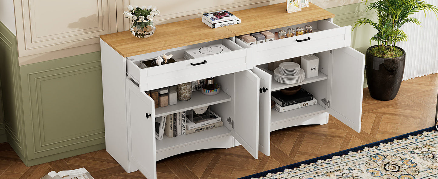 ON-TREND Farmhouse TV Stand with 2 Drawers for TVs Up to 70', Versatile Wood Grain Sideboard with Adjustable Shelves, Mid-Century Buffet Cabinet with Rustic Handles for Living Room/Bedroom, White