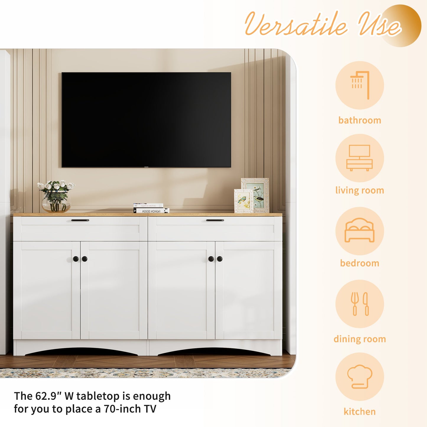 ON-TREND Farmhouse TV Stand with 2 Drawers for TVs Up to 70', Versatile Wood Grain Sideboard with Adjustable Shelves, Mid-Century Buffet Cabinet with Rustic Handles for Living Room/Bedroom, White