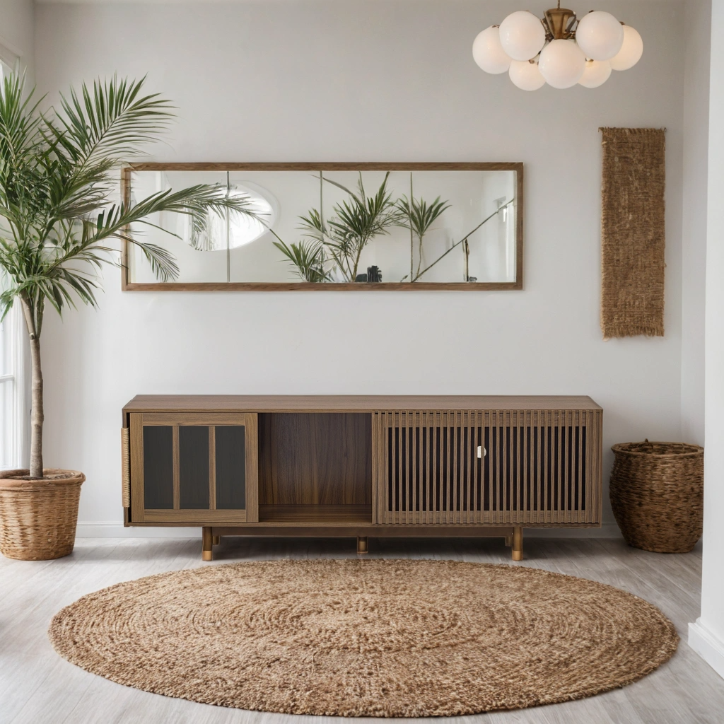 Mid-Century Modern style 2 IN 1 Cat Furniture Walnut TV STAND with Cat Scratcher, Cat house With Sliding Flip-down glass door