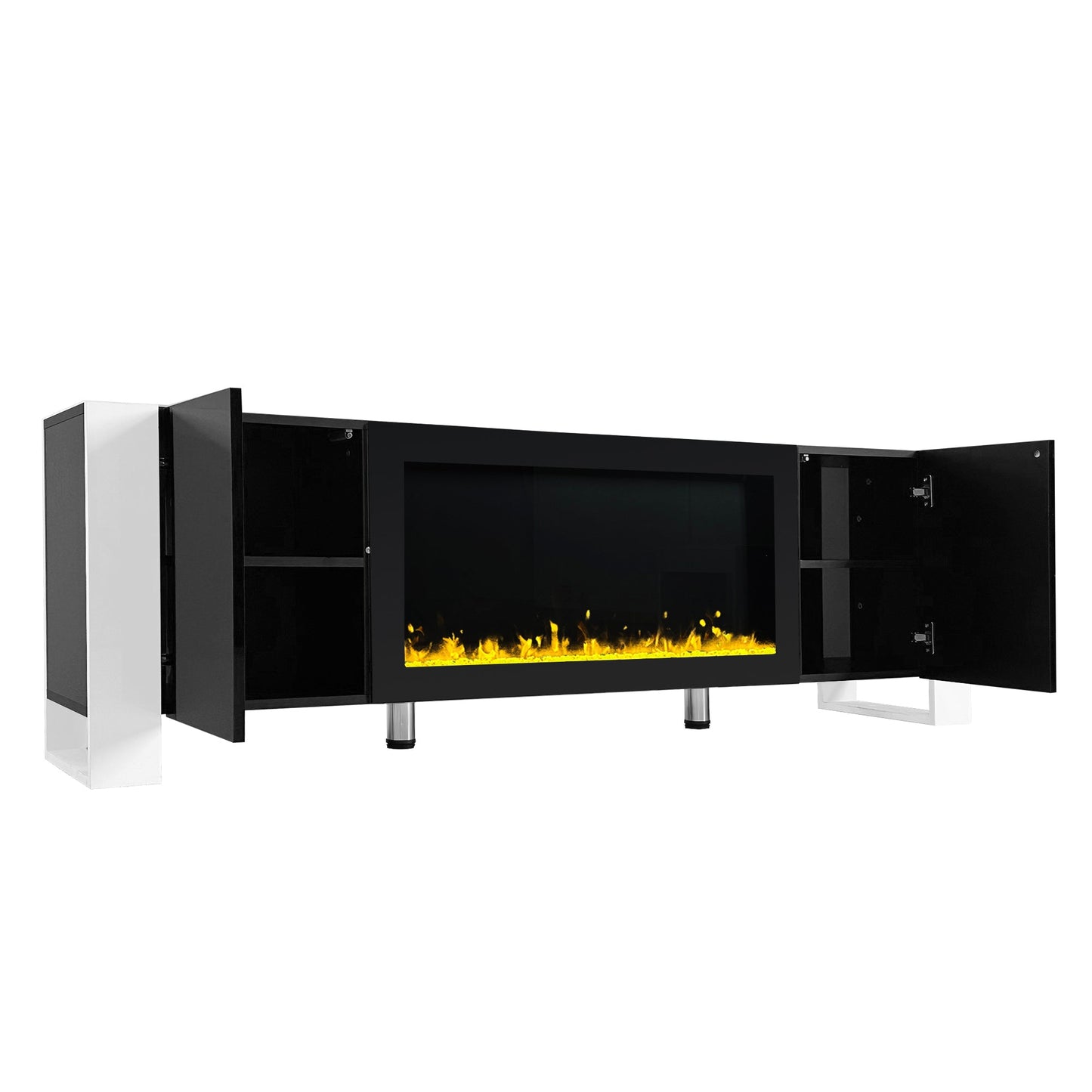 ON-TREND Modern TV Stand with 34.2' Non-heating Electric Fireplace, High Gloss Entertainment Center with 2 Cabinets, Media Console for TVs up to 78', Black