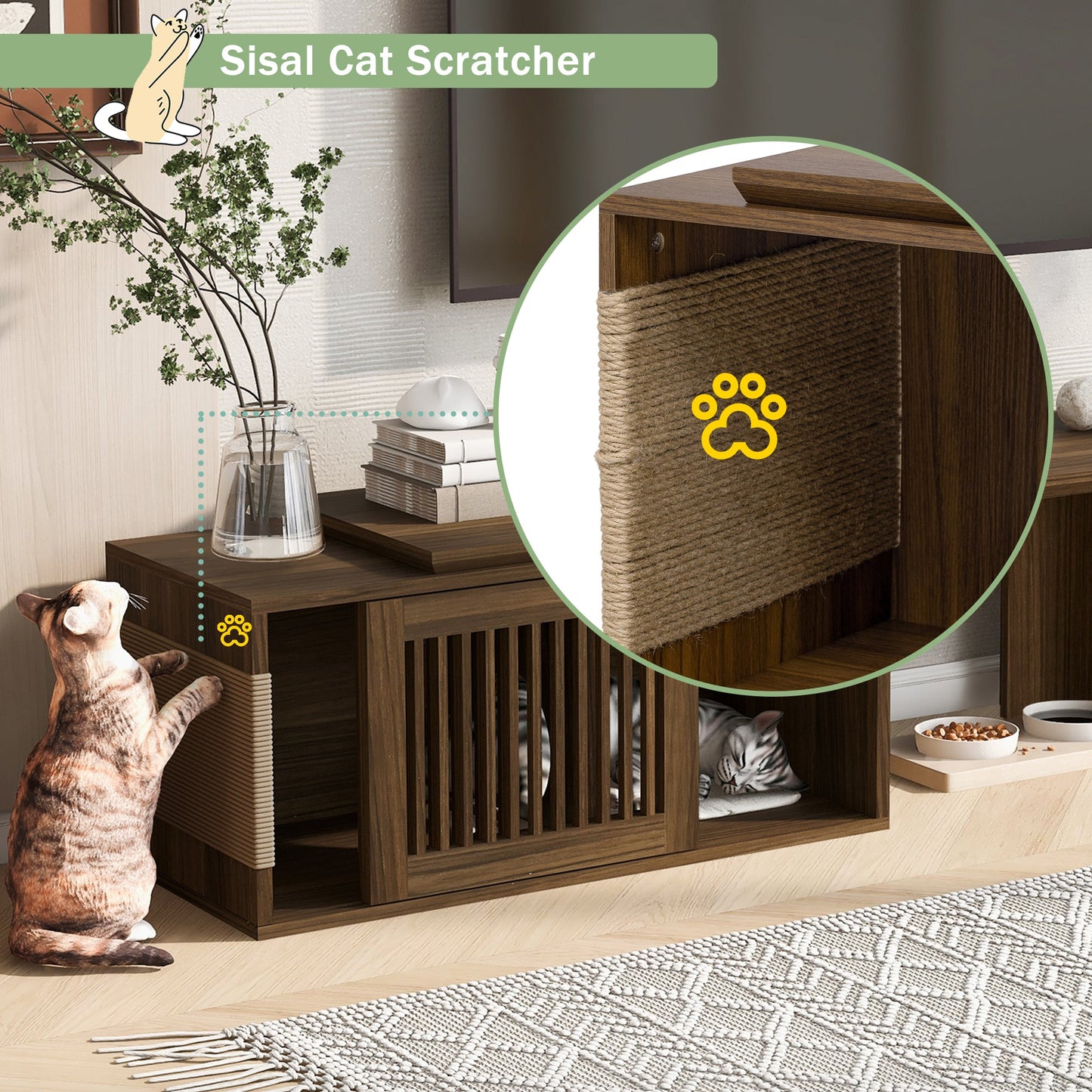 Mid-Century Modern 2 in 1 Cat Furniture Walnut TV Stand With Extendable table, Litter Box Enclosure with Cat Scratcher