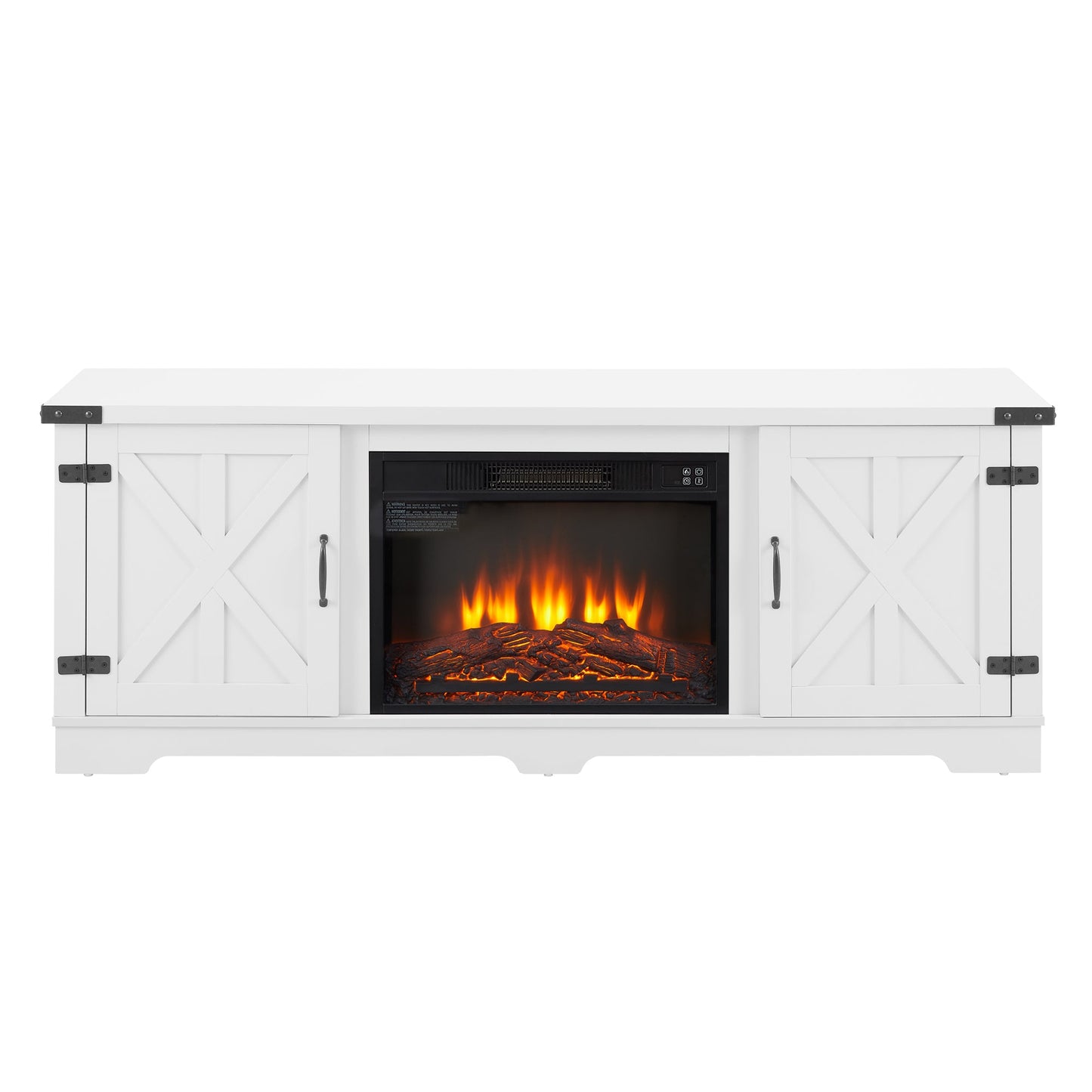 Modern Farmhouse TV Media Stand, Large Barn Inspired Home Entertainment Console, with 23' Fireplace Insert, for TV Up to 70'', with Open Shelves and Closed Cabinets, White, 64.8'W*15.67'D*24.29'H