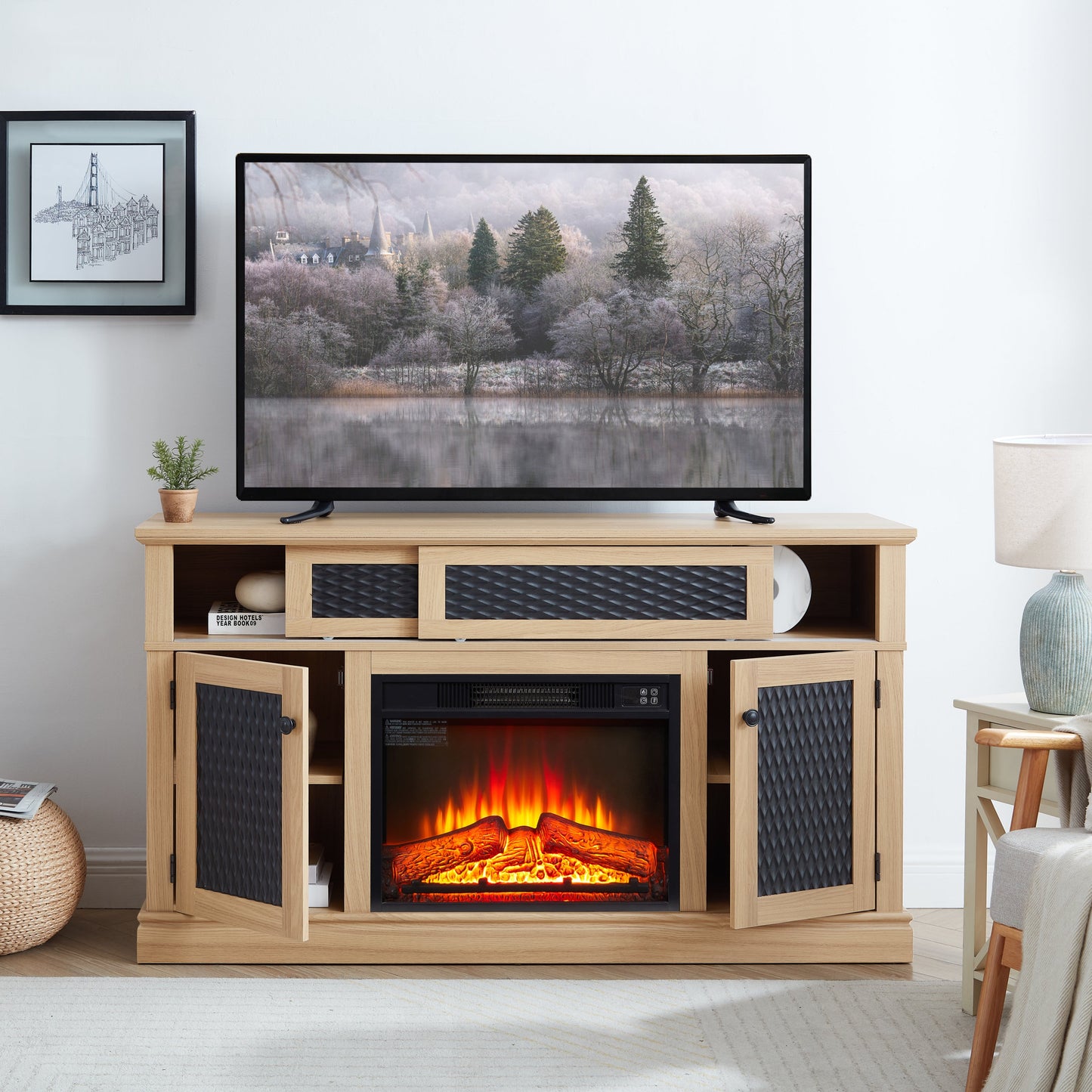 Embossed Pattern TV Stand with 23' fireplace insert,, TV and Media Console with Open and Closed Storage Space and sliding door for Living Room & Bedroom,LIGHT OAK, 58.27'W*15.35'W*31.7H