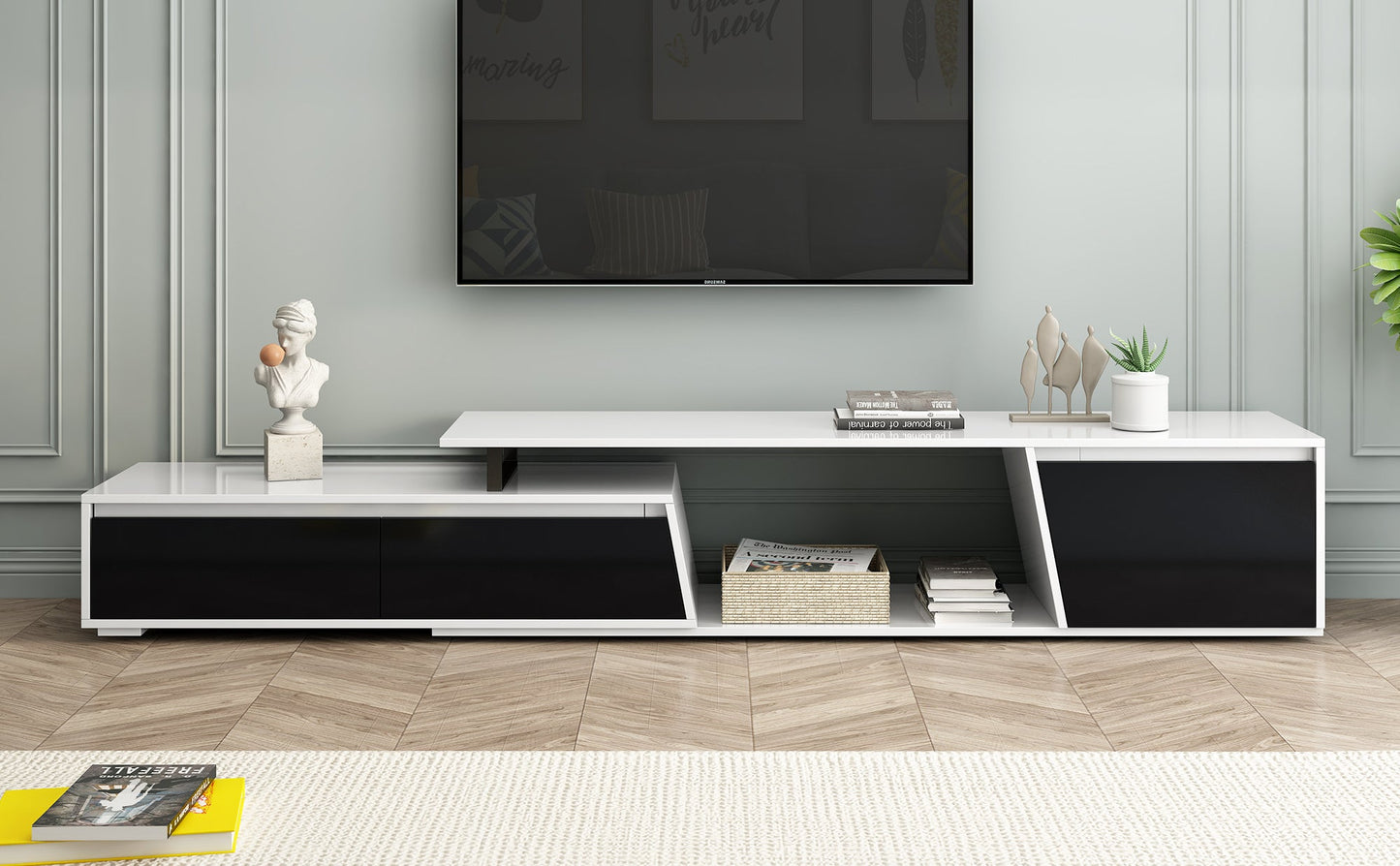 U-Can Modern, Minimalist Rectangle Extendable TV Stand, TV Cabinet with 2 Drawers and 1 Cabinet for Living Room, Up to 100''