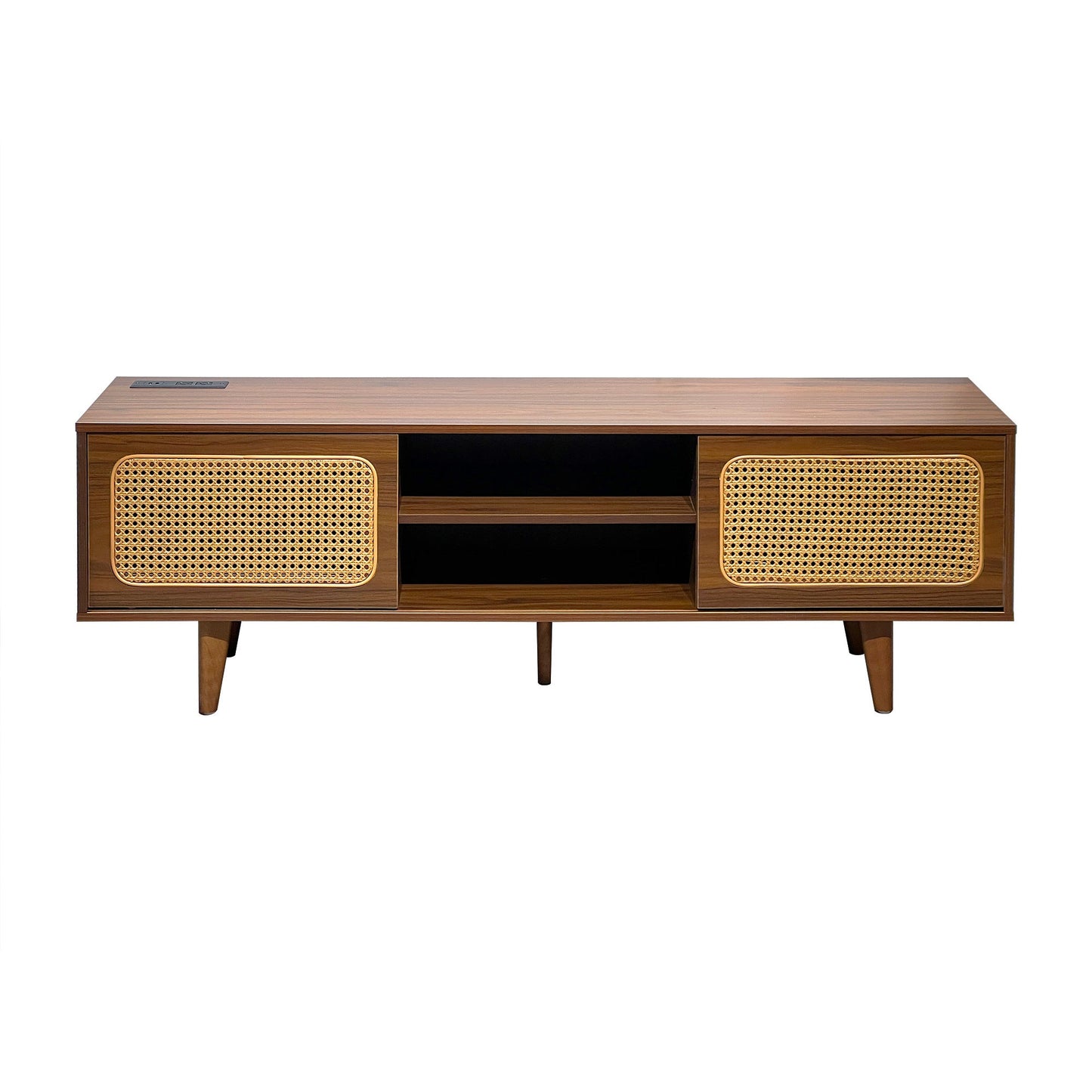 Mid Century Modern Rattan TV Stand for 55/60/65 inch TV , Entertainment Cabinet, Media Console for Living Room Bedroom Media Room, Solid Wood Feet & Rattan Cabinet Doors (Walnut, 59')