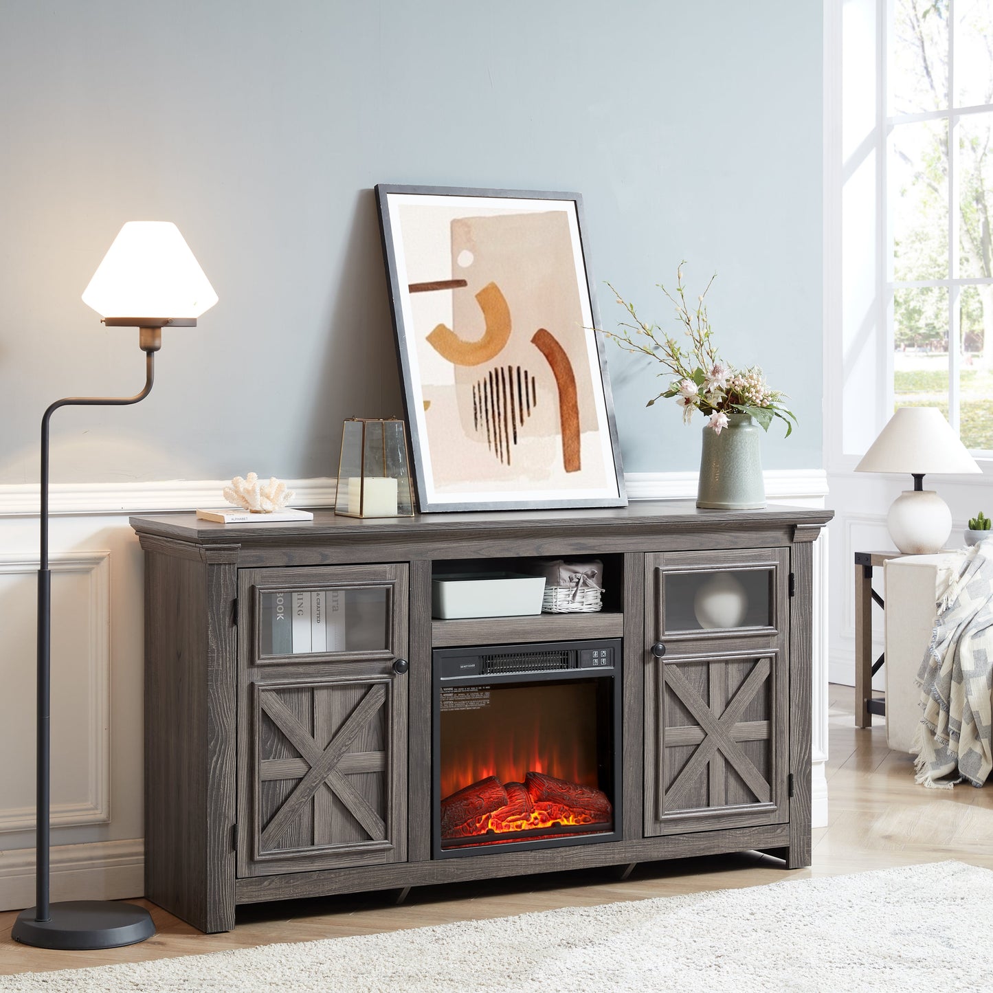 2 Doors Cabinet Farmhouse Cabinet, Farmhouse TV Stand Barn Design,Farmhouse TV Media Stand, Large Barn Inspired Home Entertainment Console with 18' fireplace insert,GREY, 60.23'W*15.35'D*31.7'H