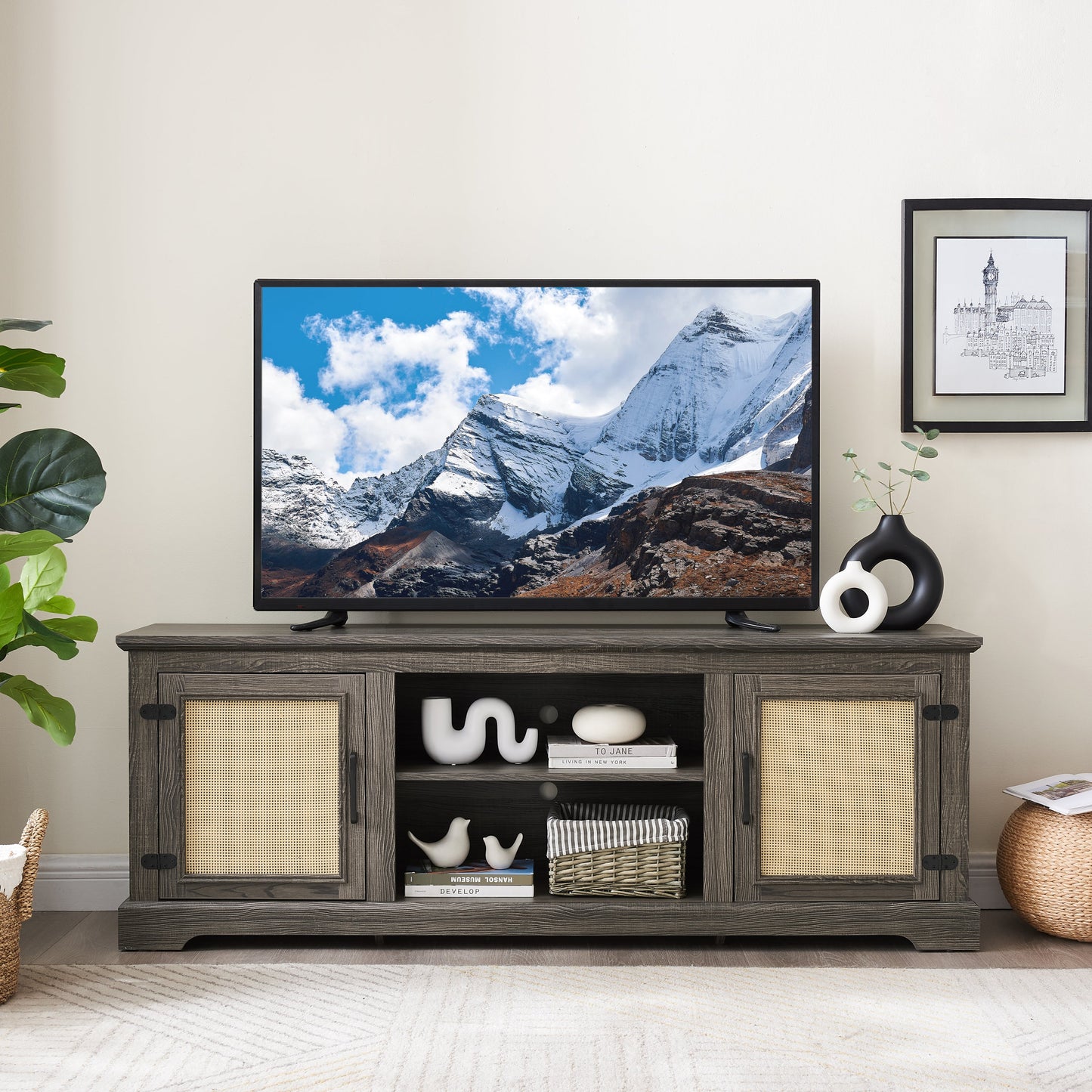 Farmhouse Rattan TV Stand Console Table for TVs up to 70 Inches, TV Console Table with 2 Storage Shelves, 2 Natural Rattan Door Cabinets, 65'W*15.55'D*23.86'H, Gray