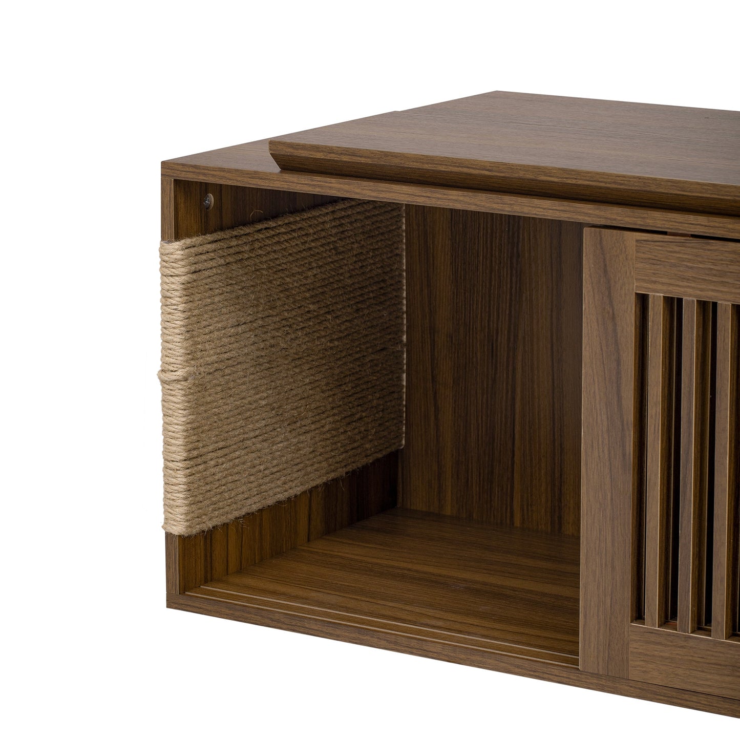 Mid-Century Modern 2 in 1 Cat Furniture Walnut TV Stand With Extendable table, Litter Box Enclosure with Cat Scratcher