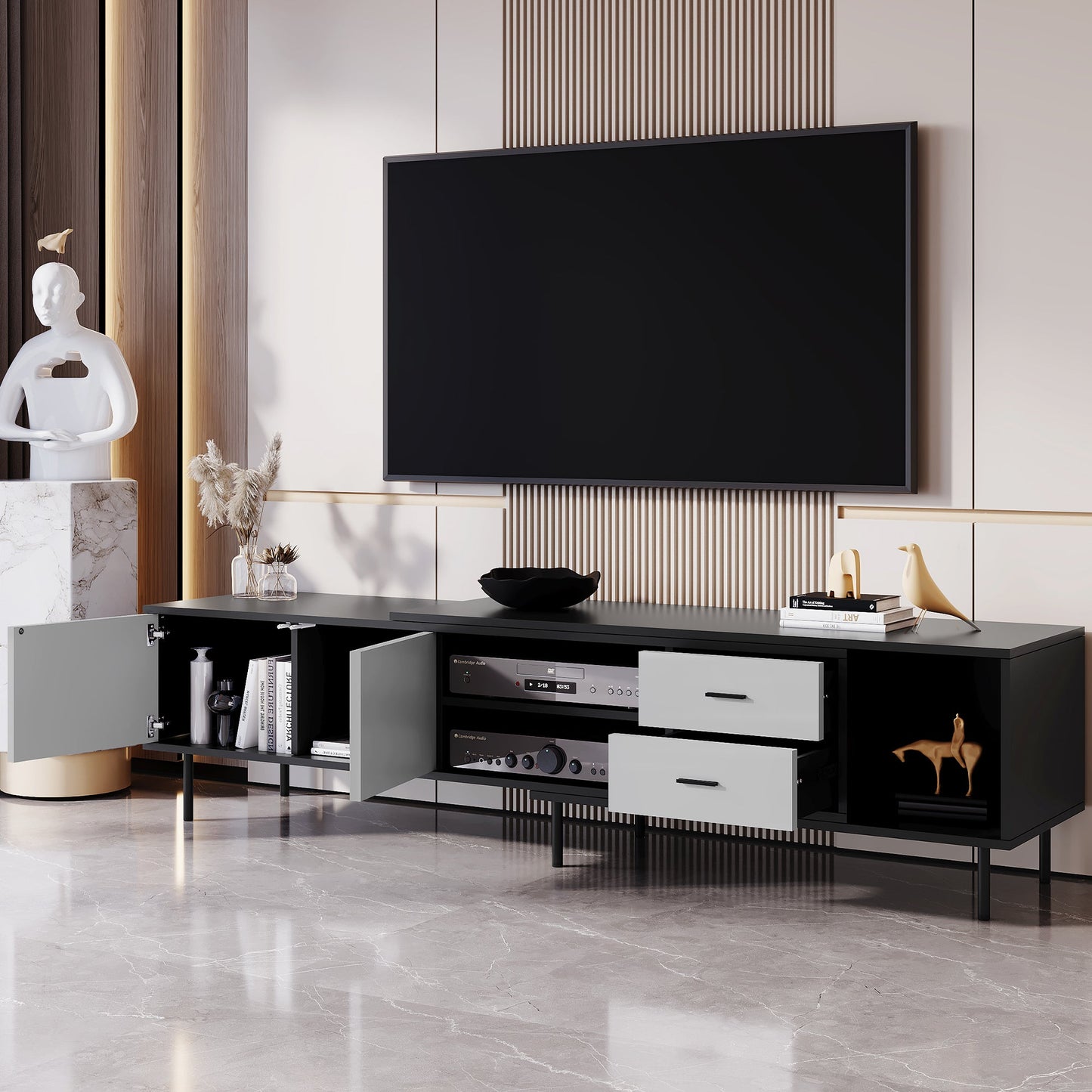 Modern TV Stand for 80'' TV with 2 Doors, Media Console Table, Entertainment Center with Large Storage Cabinet for Living Room, Bedroom
