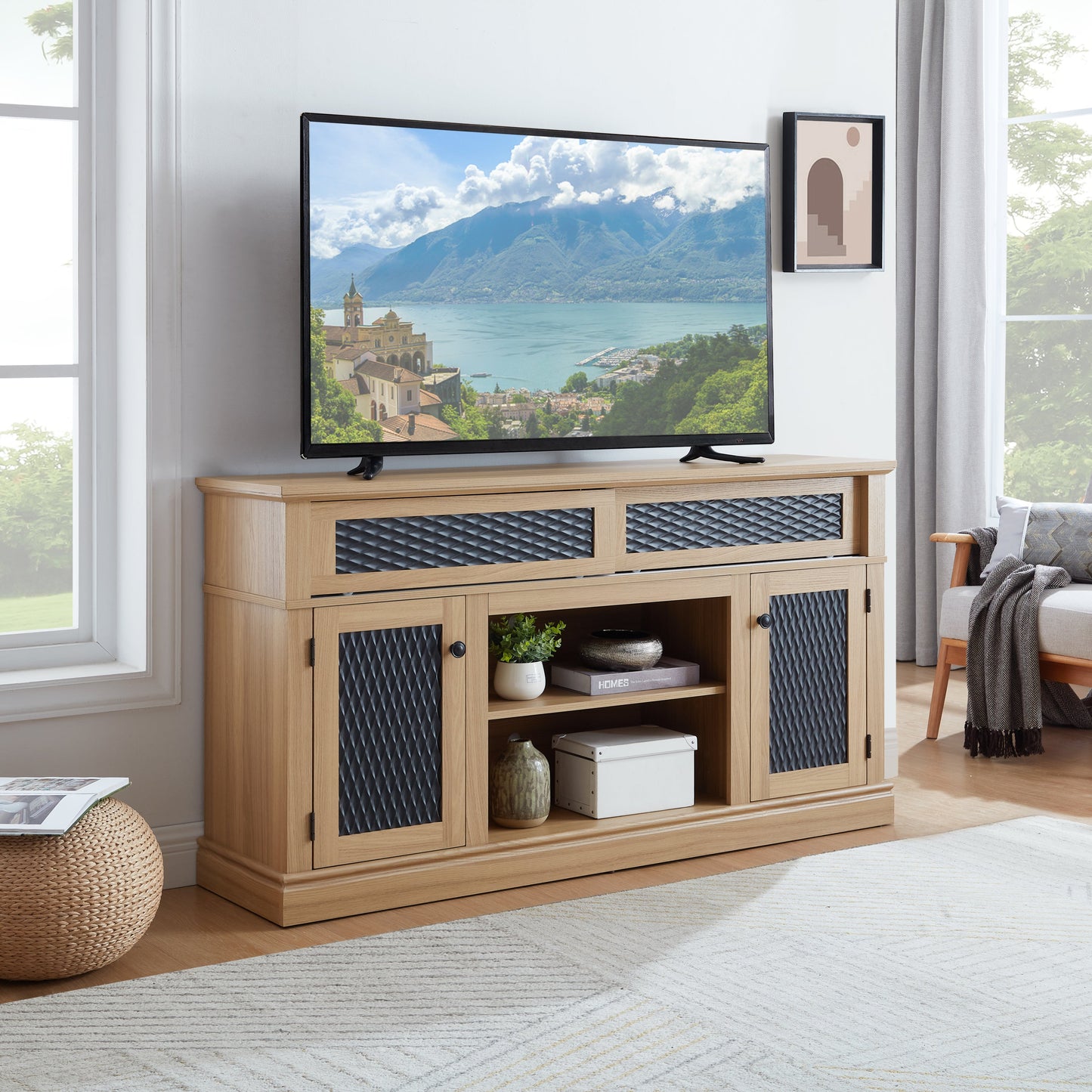 Embossed Pattern TV Stand, TV and Media Console with Open and Closed Storage Space and sliding door for Living Room & Bedroom, LIGHT OAK, 58.27'W*15.35'W*31.7H